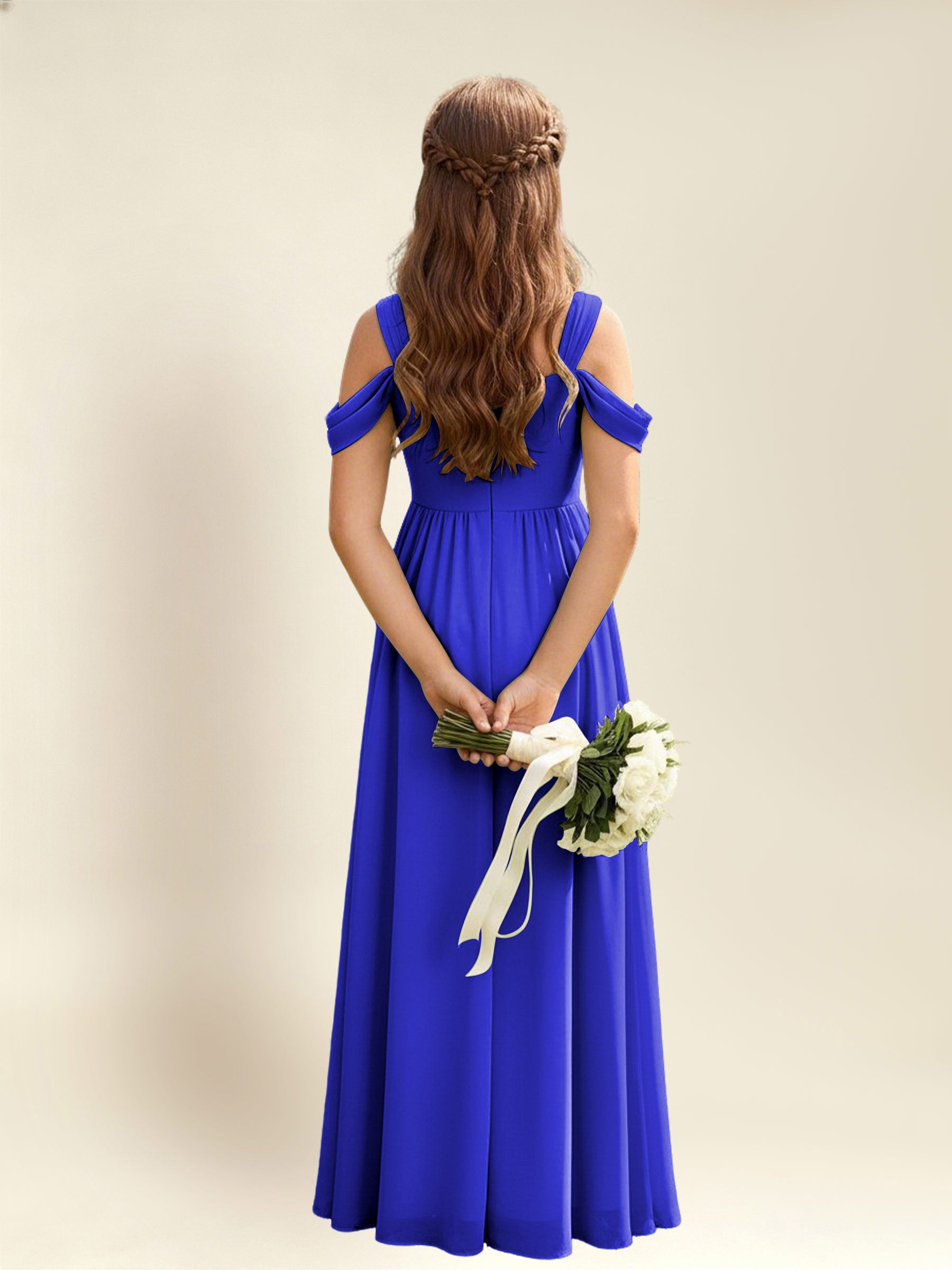 ROVDESY A-Line Off The Shoulder Pleated Chiffon Junior Bridesmaid Dress
