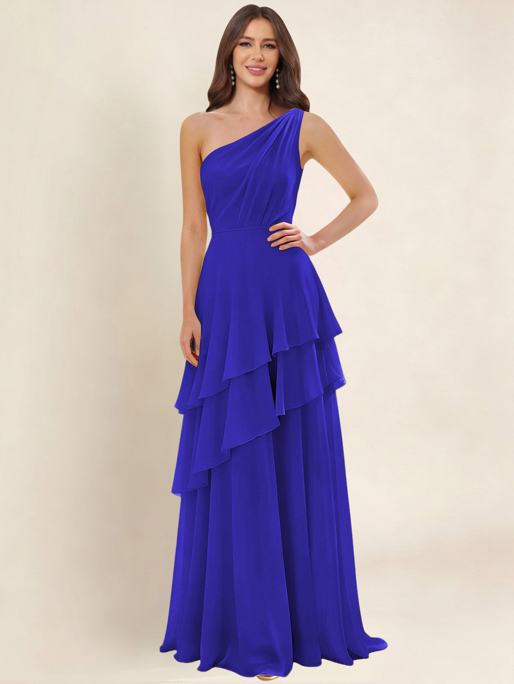 ROVDESY A-Line One Shoulder Pleated Tiered Chiffon Bridesmaid Dress