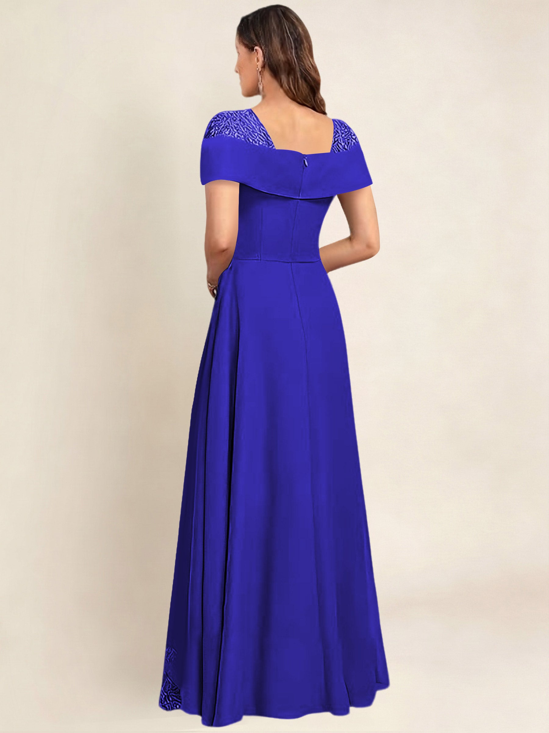 ROVDESY A-Line Off The Shoulder Lace Chiffon Long Mother of the Bride Dress Formal Gown