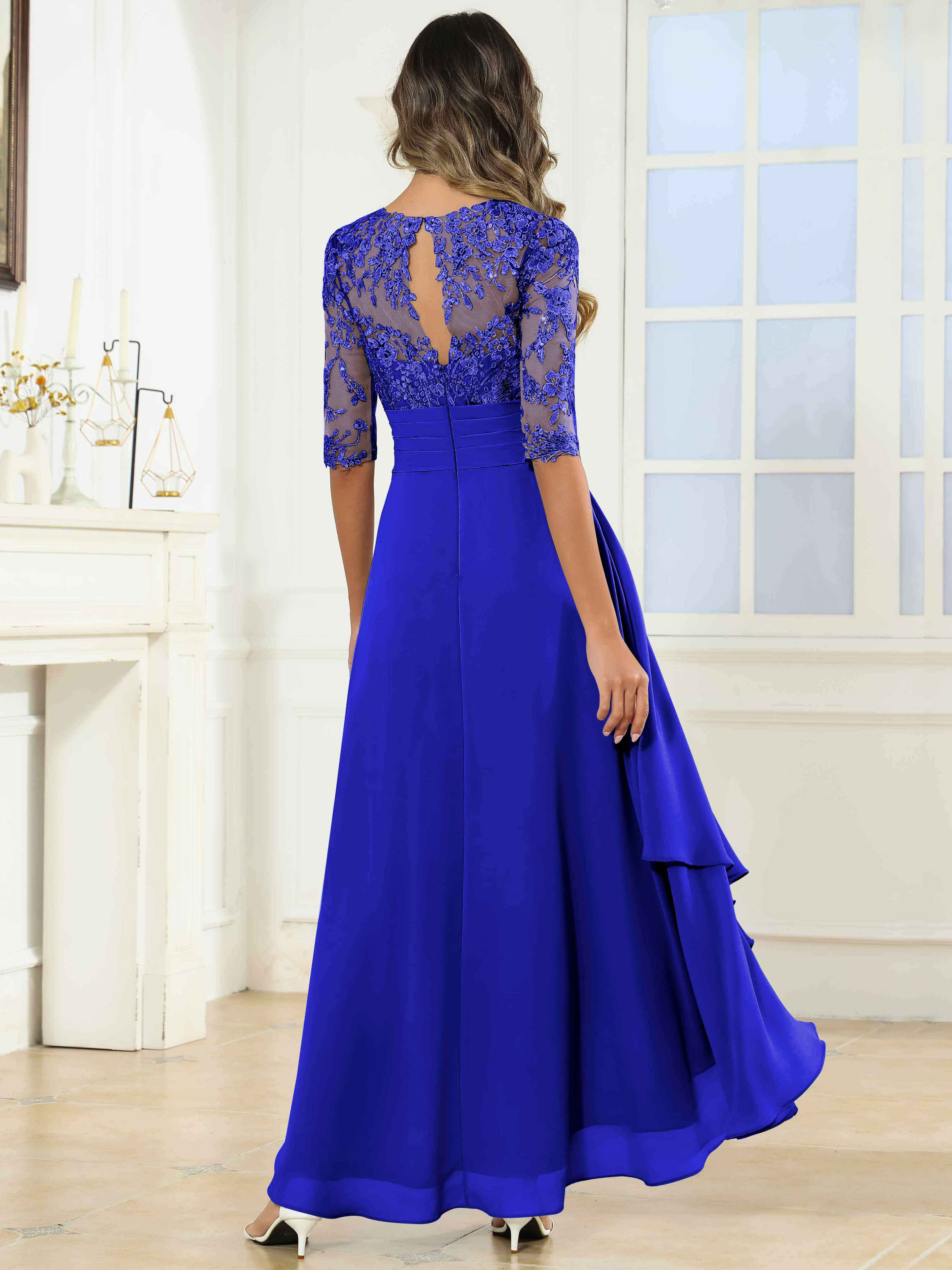 ROVDESY Tea Length A-Line Lace Chiffon Mother Of The Bride Dress With Half Sleeves