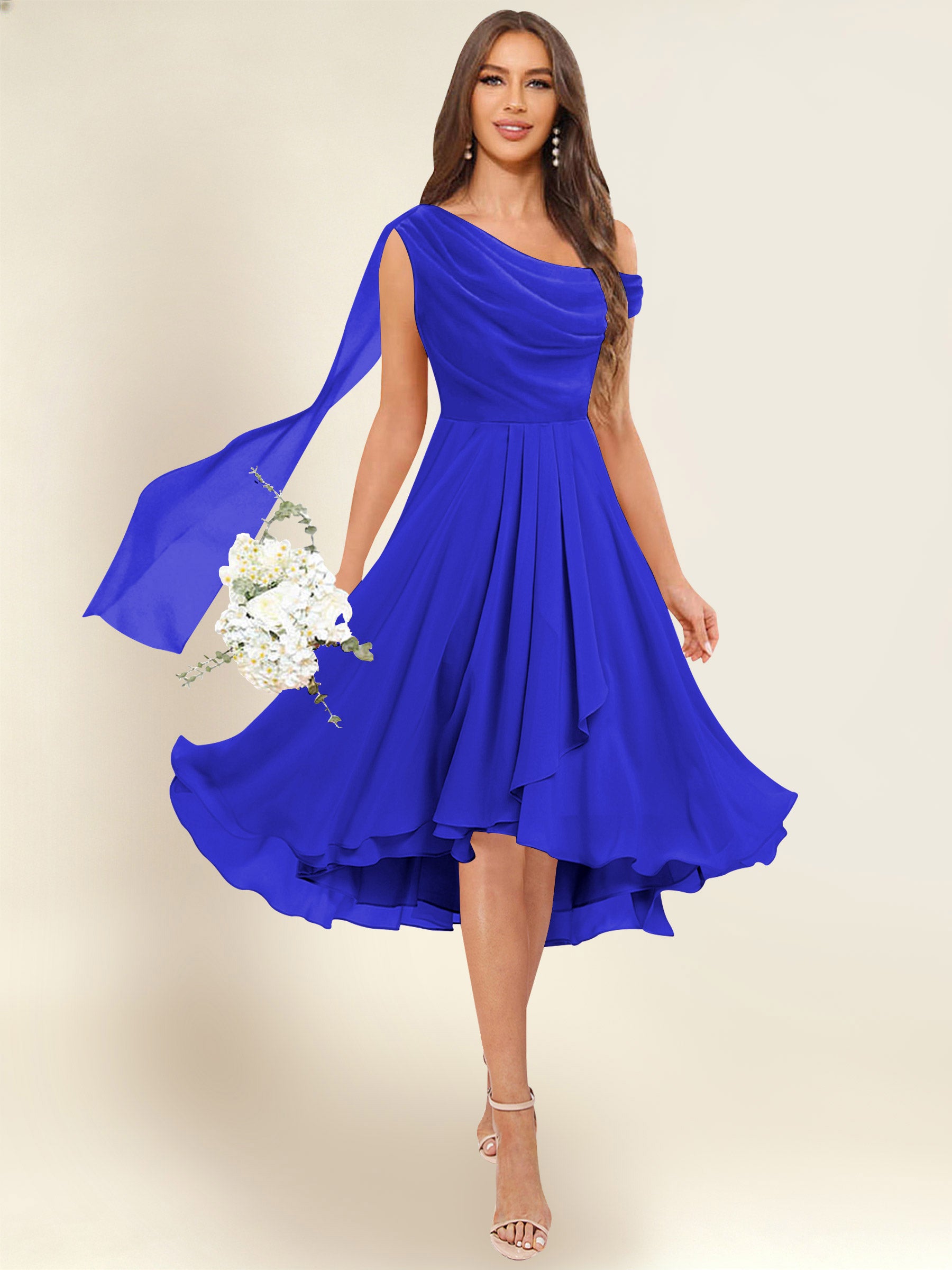 ROVDESY A-Line One Shoulder Pleated Chiffon Bridesmaid Dress With Flowing Sash