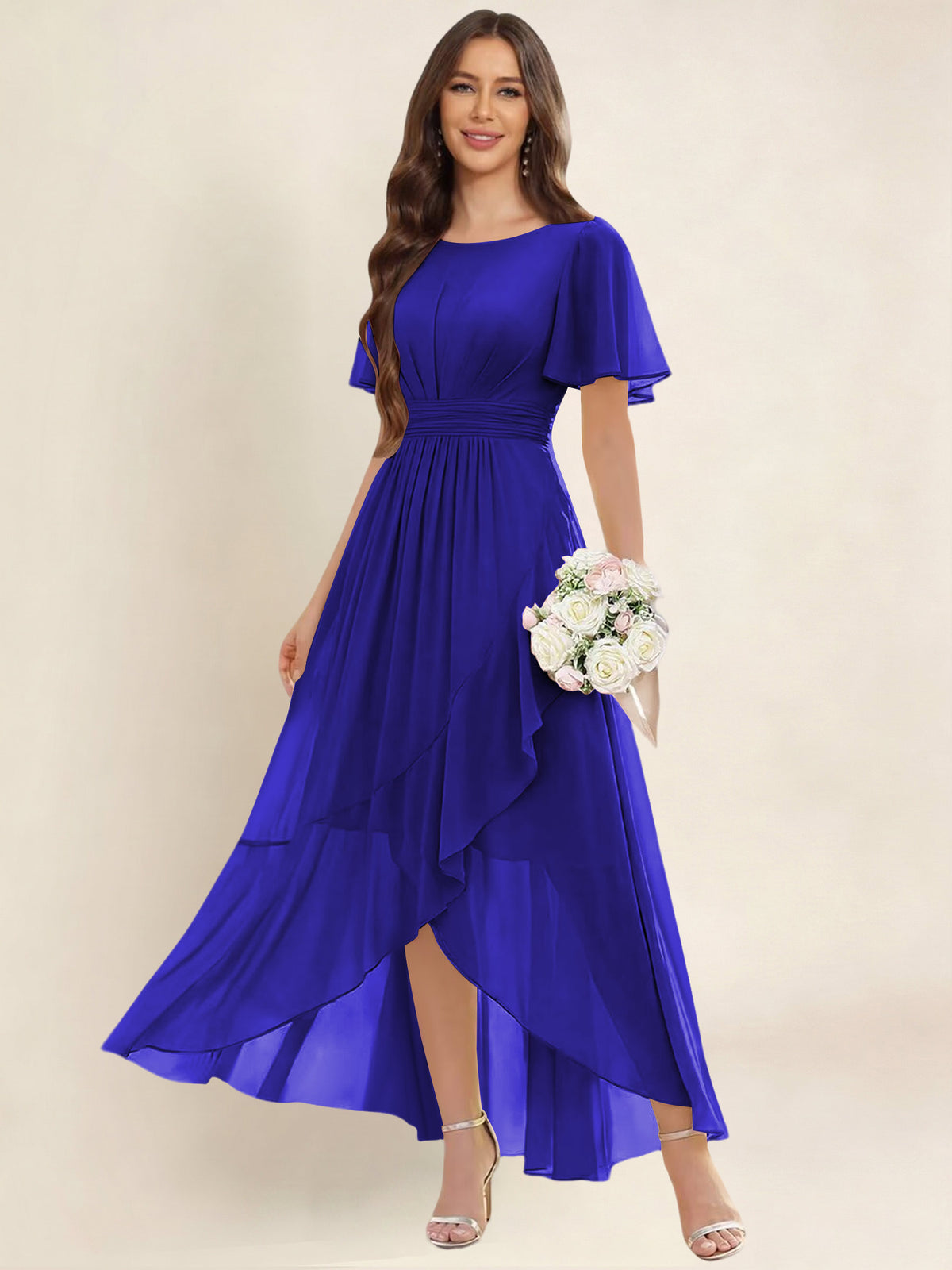 ROVDESY A-Line High Low Round Neck Pleated Ruffle Chiffon Bridesmaid Dress With Short Sleeves
