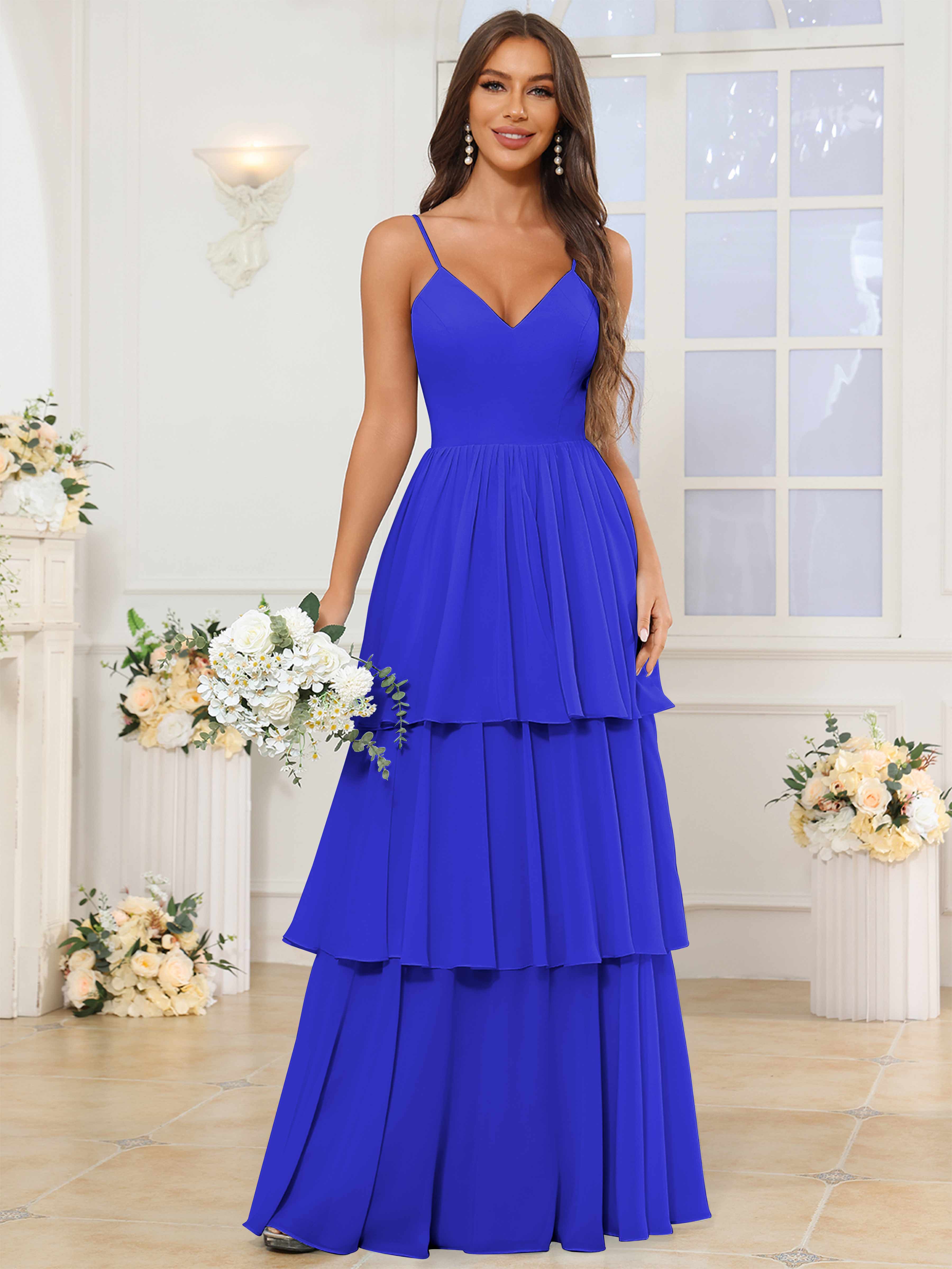 ROVDESY V-Neck Spaghetti Straps Tiered Chiffon Bridesmaid Dress With Ruffles