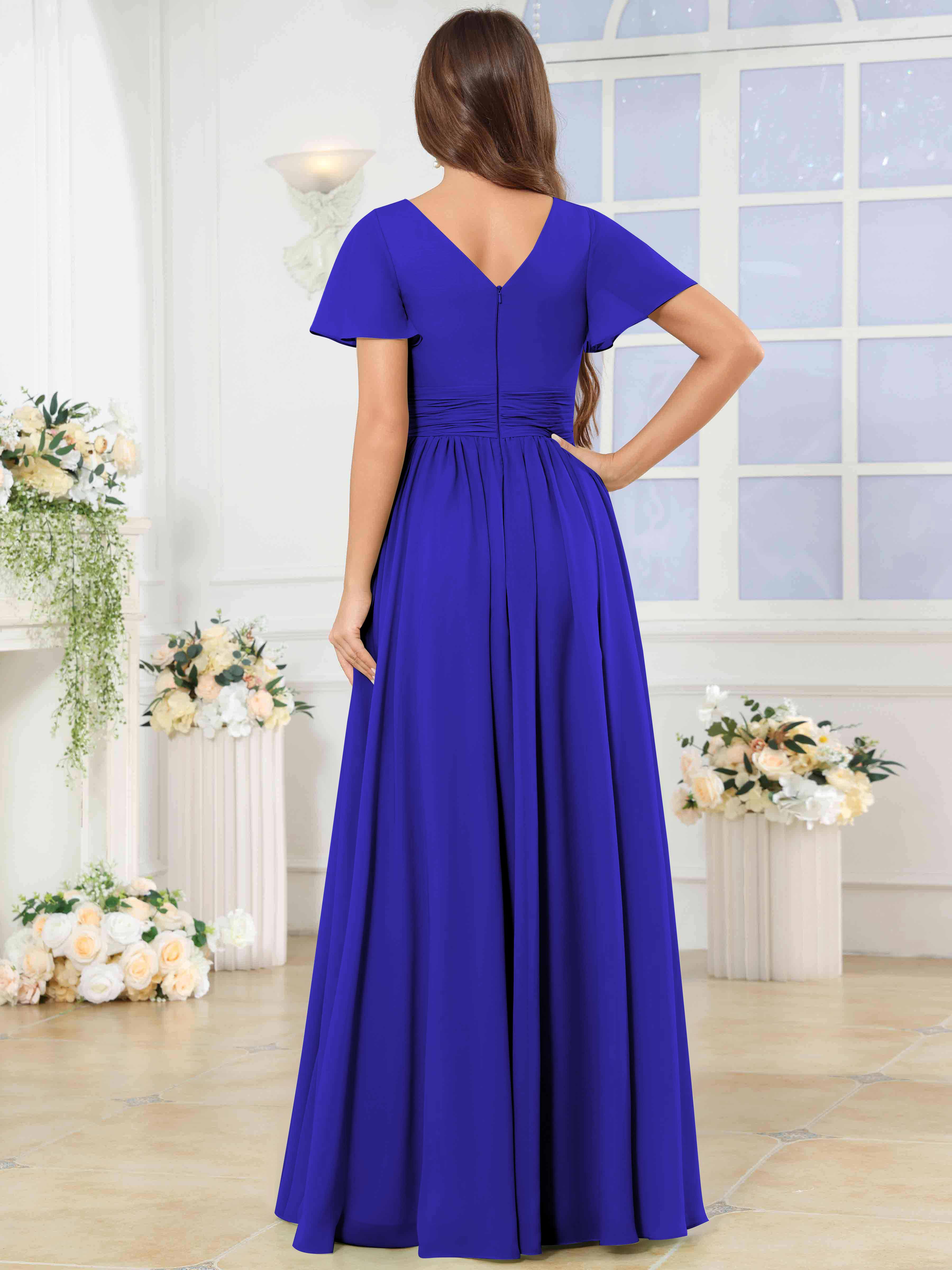 ROVDESY A-Line V-Neck Slit Pleated Ruffle Chiffon Bridesmaid Dress With Short Sleeves