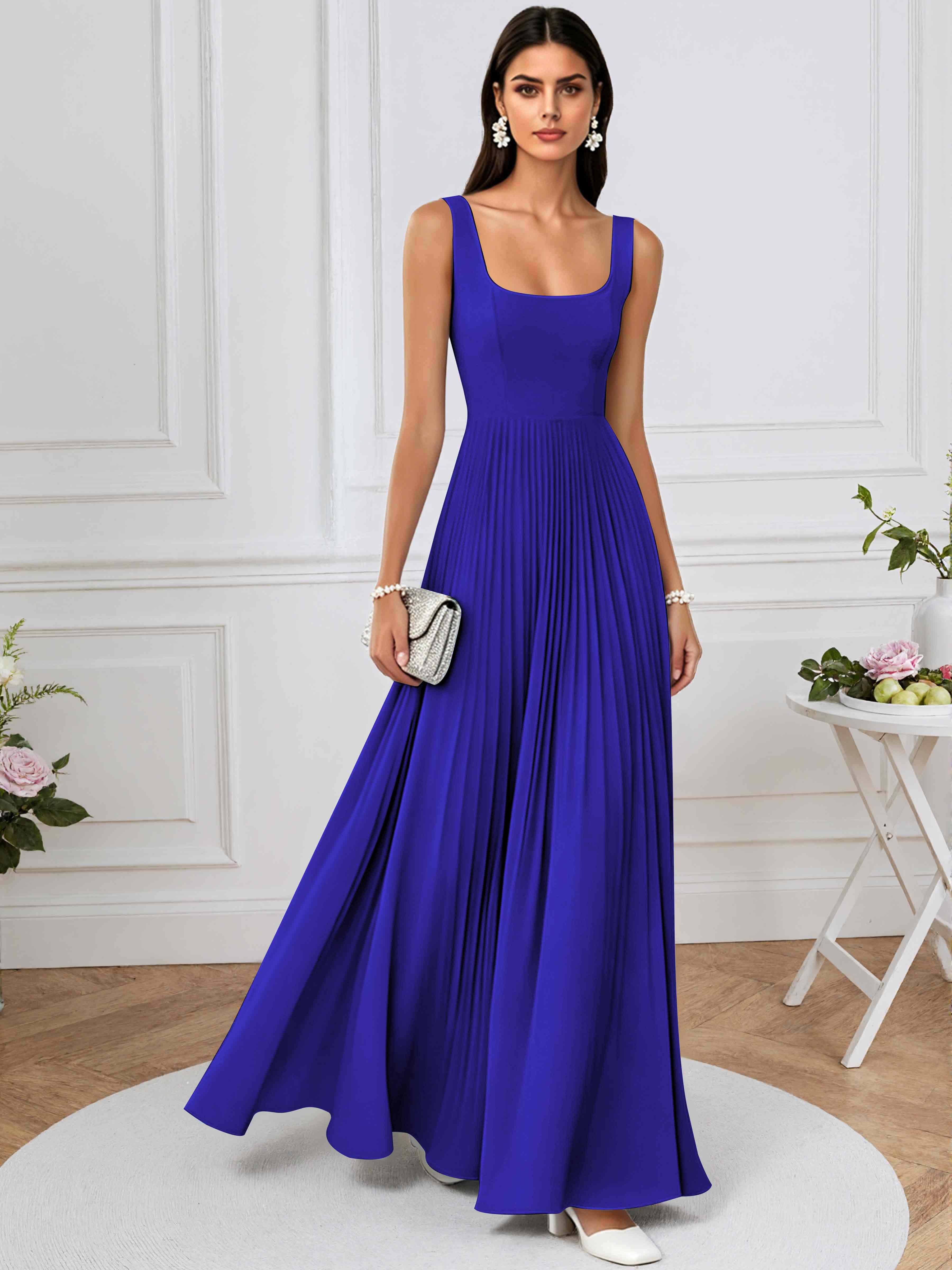 ROVDESY A-Line Square Neck Pleated Chiffon Long Bridesmaid/Prom Dress