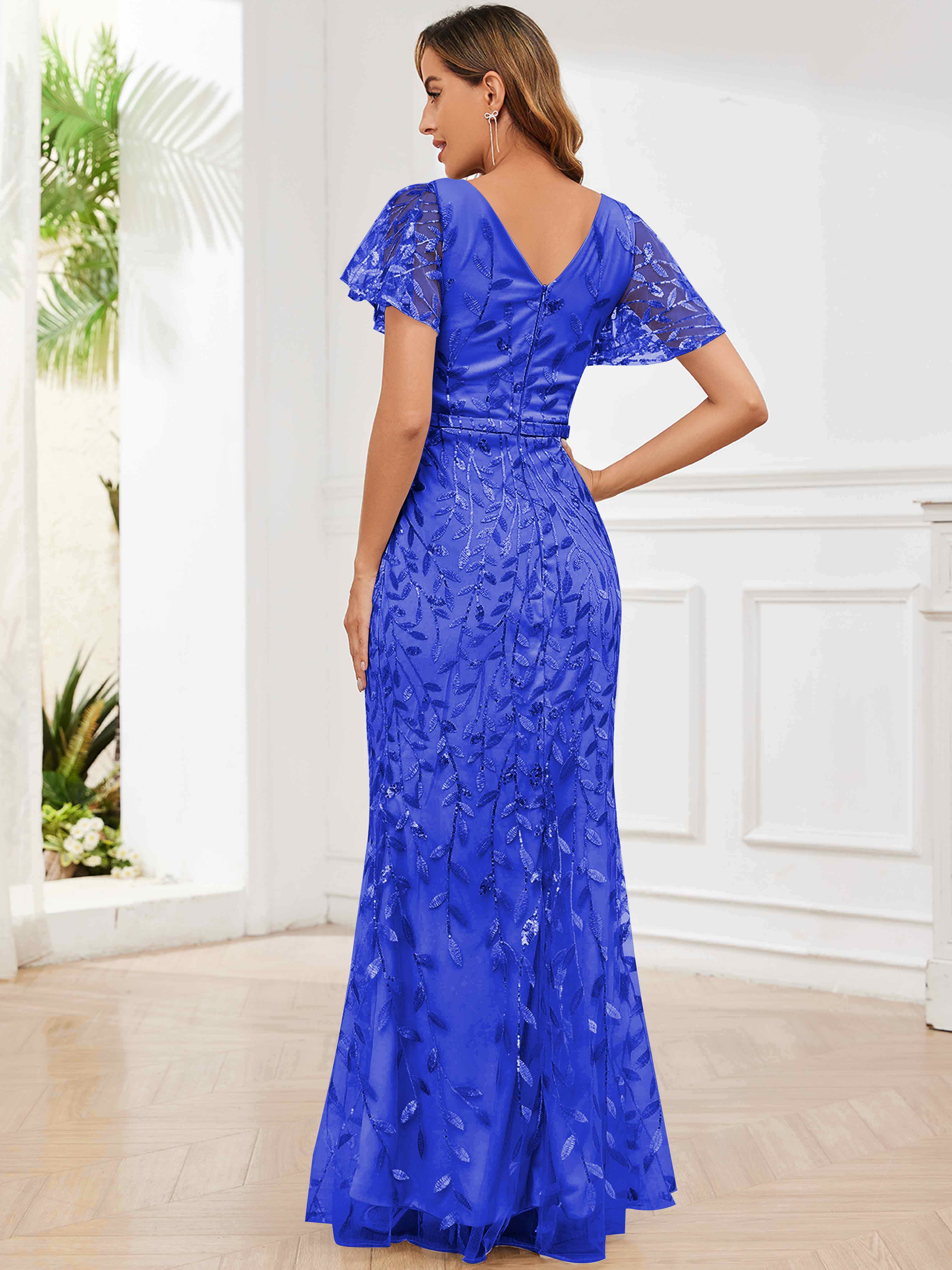 ROVDESY V-Neck Mermaid Sequin Mother Of The Bride Dress With Short Sleeves
