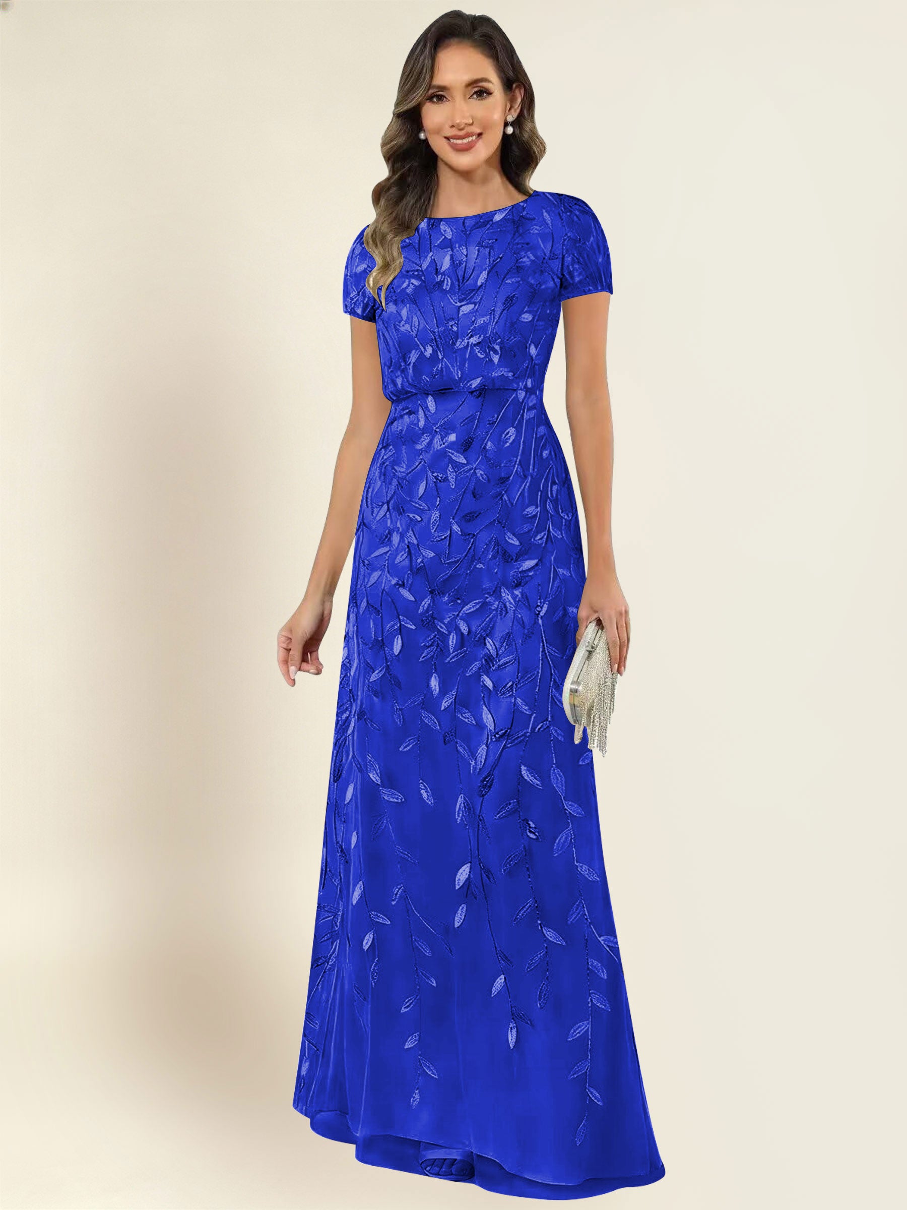 ROVDESY Sequin Mermaid Long Mother Of The Bride Dress With Short Sleeves Formal Gown