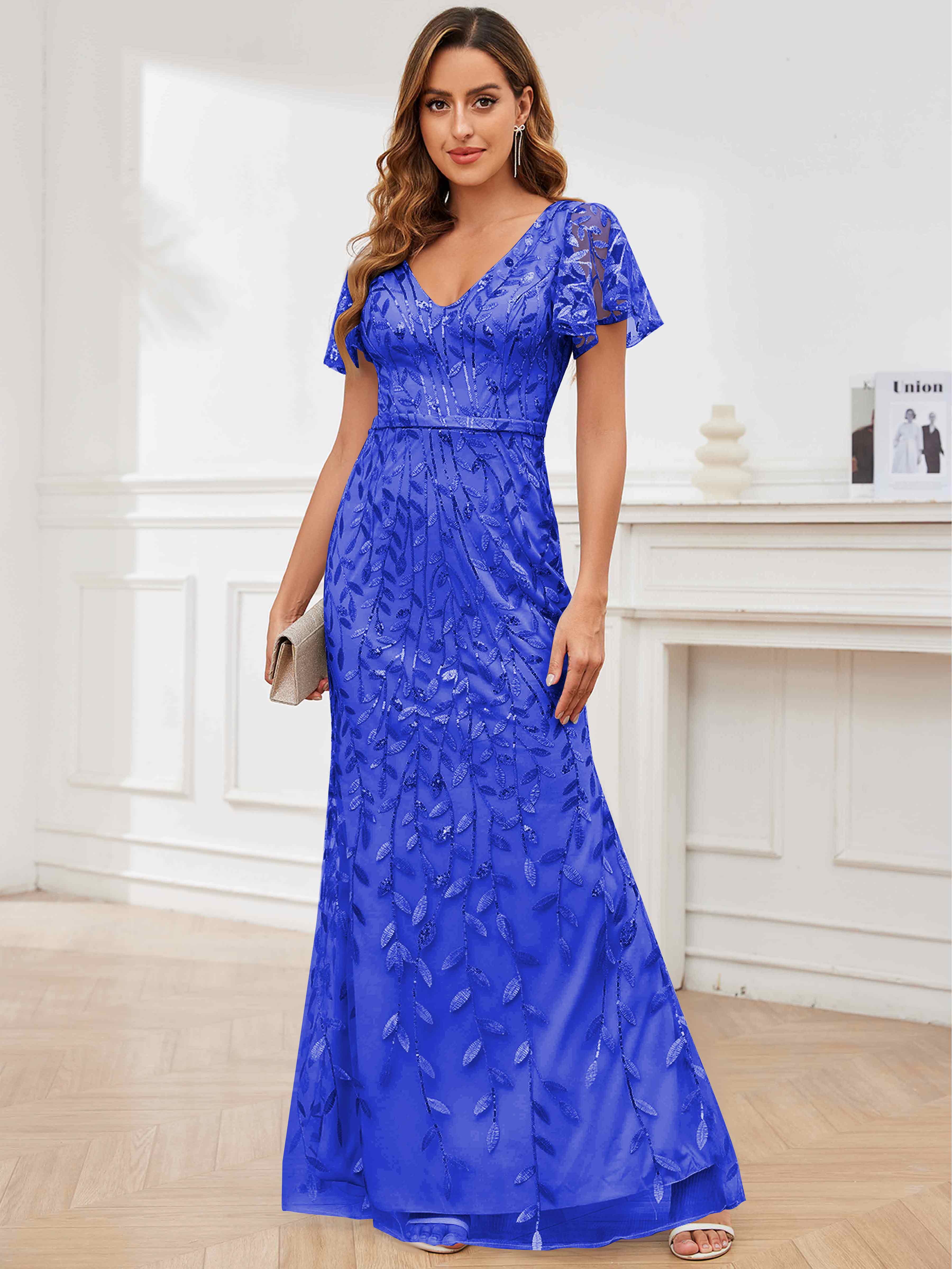 ROVDESY V-Neck Mermaid Sequin Mother Of The Bride Dress With Short Sleeves