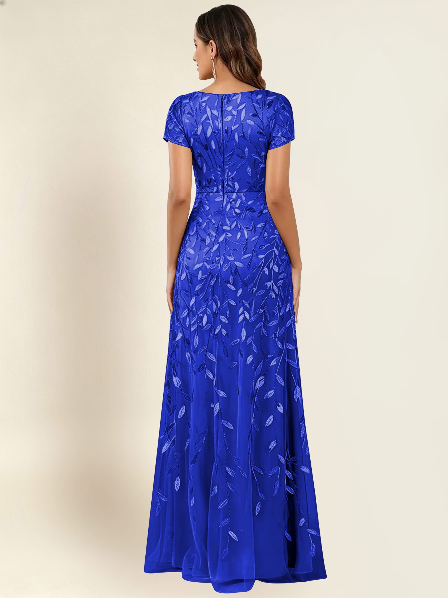 ROVDESY Sequin Mermaid Long Mother Of The Bride Dress With Short Sleeves Formal Gown