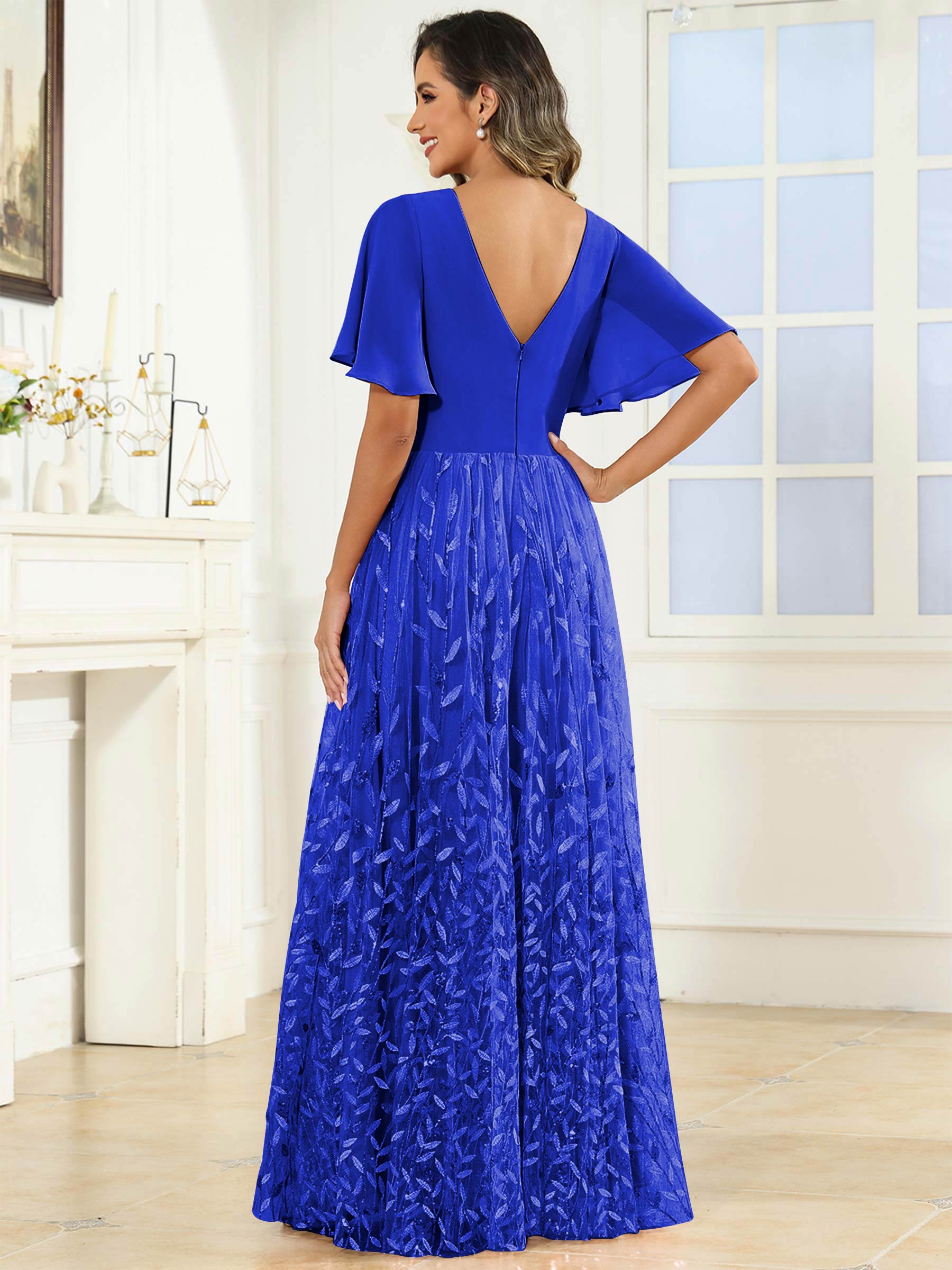 ROVDESY A-Line V-Neck Chiffon Sequin Mother Of The Bride Dress With Short Sleeves