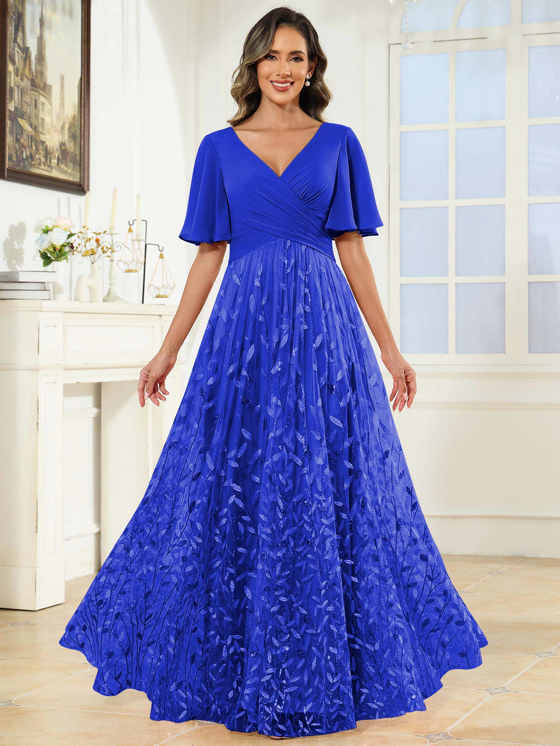 ROVDESY A-Line V-Neck Chiffon Sequin Mother Of The Bride Dress With Short Sleeves
