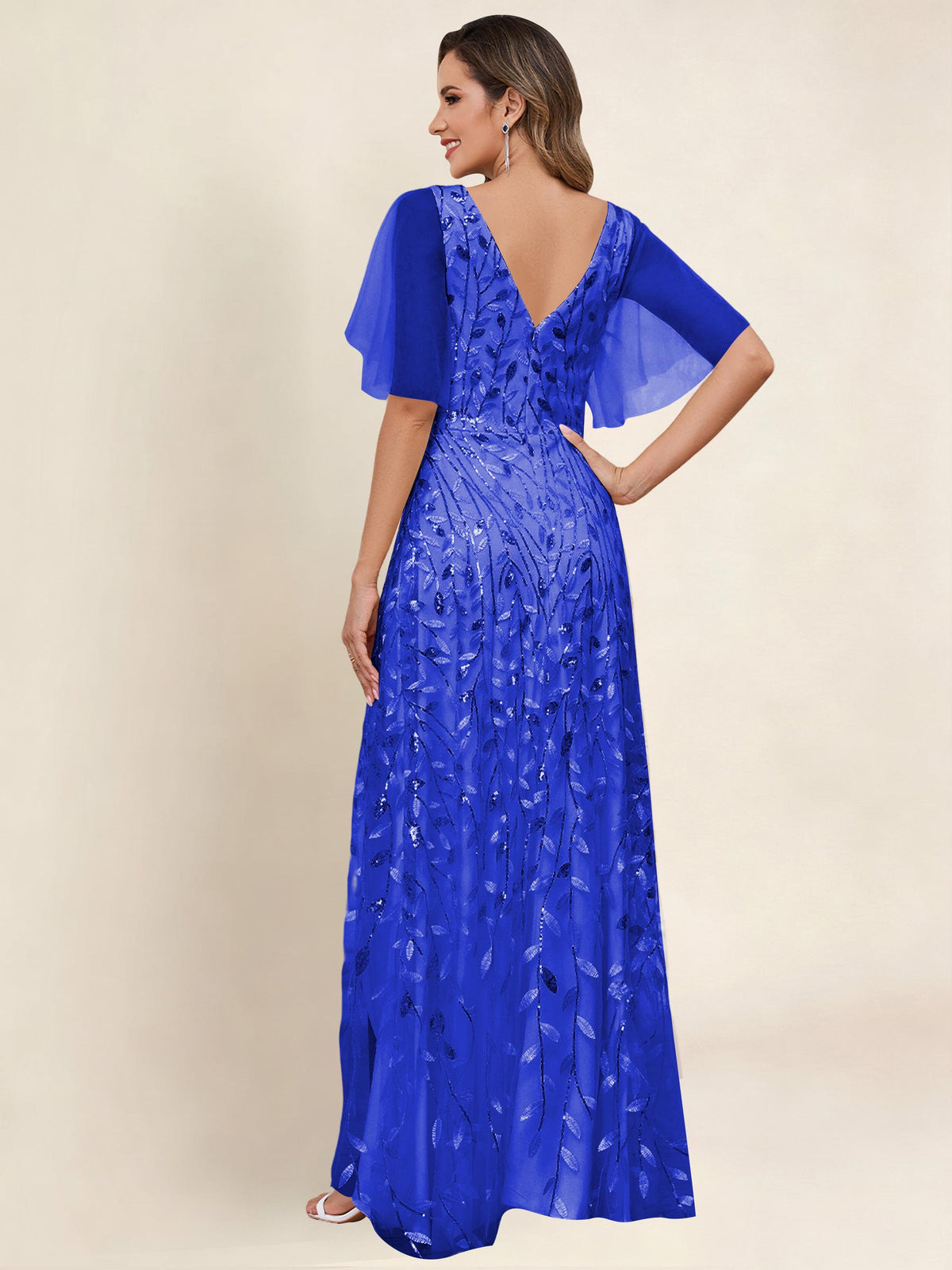 V Neck Sequin Tulle A Line Mother of the Bride Dress with Sleeves