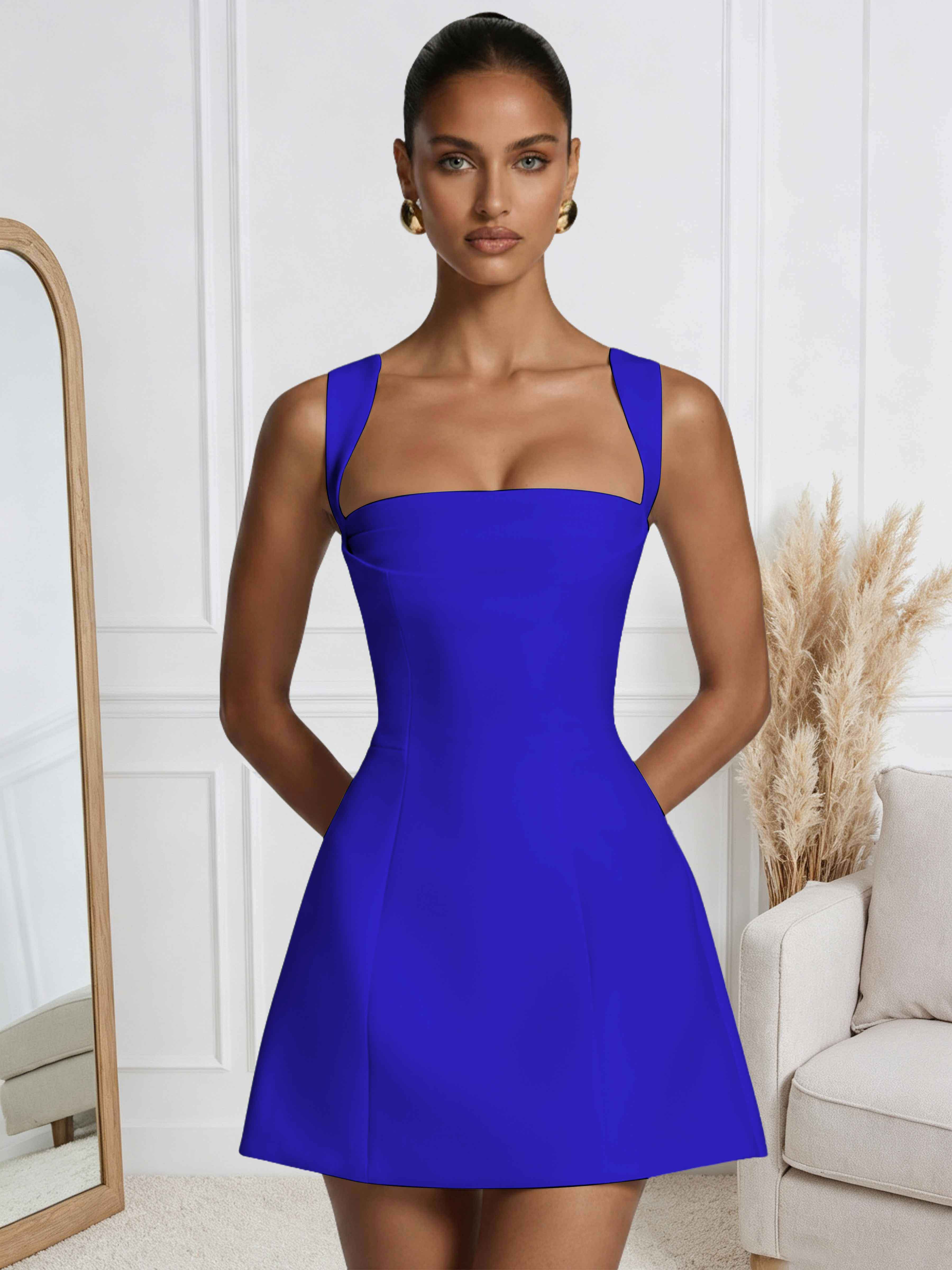 ROVDESY A-Line Square Neck Satin Homecoming Mini Dress