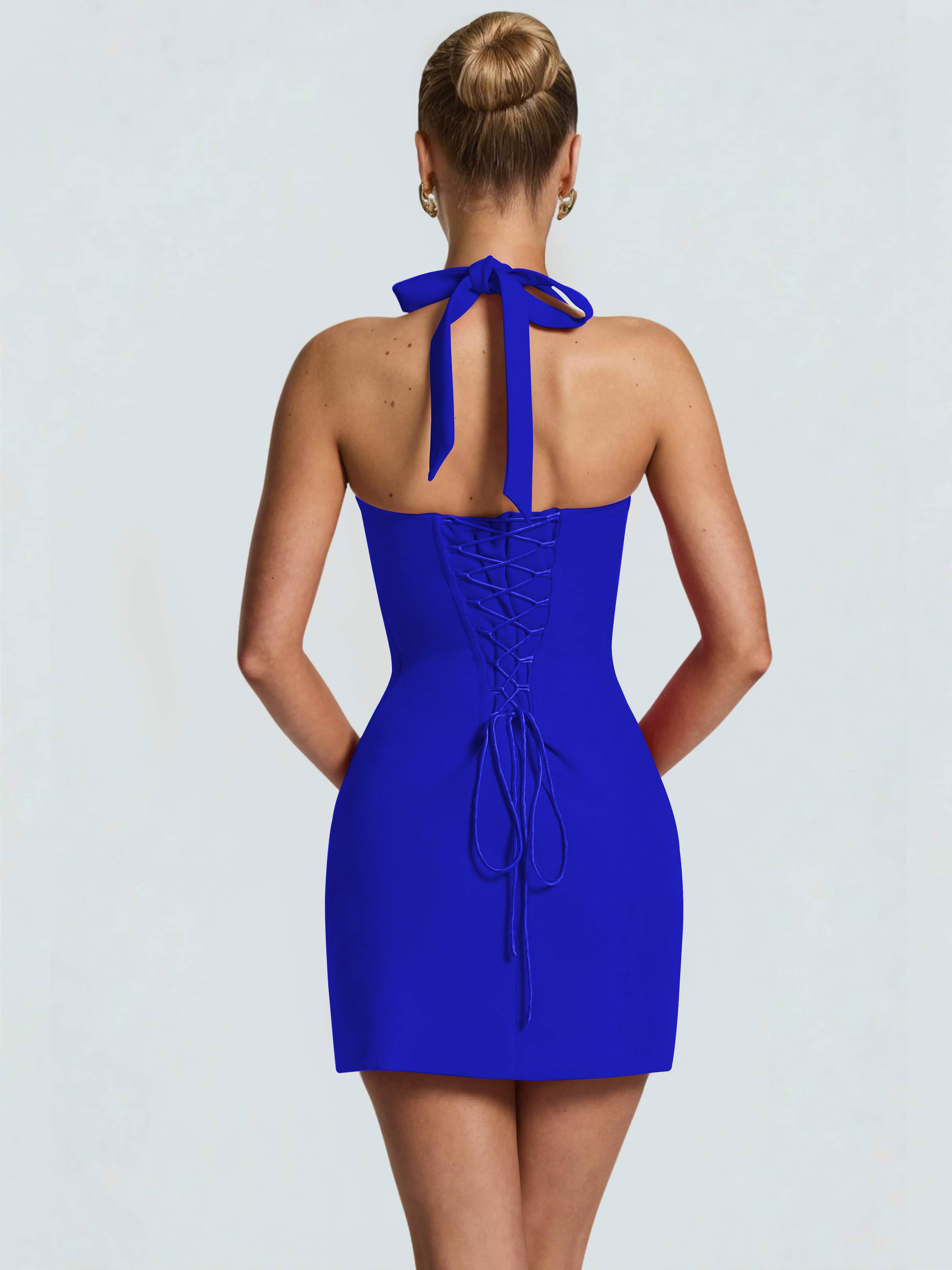 ROVDESY Halter Lace Satin Tight Homecoming Mini Dress