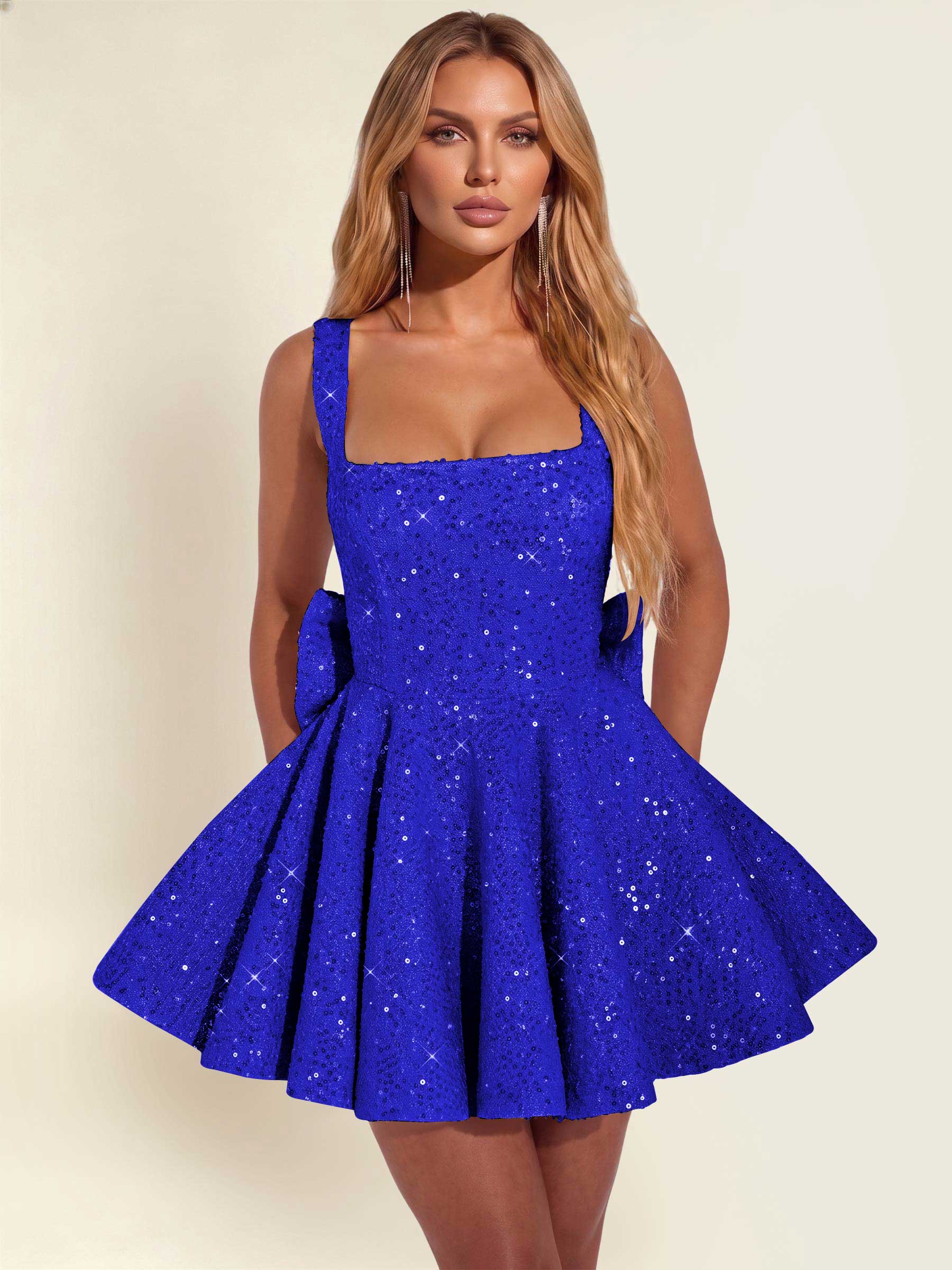 ROVDESY Sparkly Sequin A-Line Square Neck Homecoming Mini Dress With Big Bow