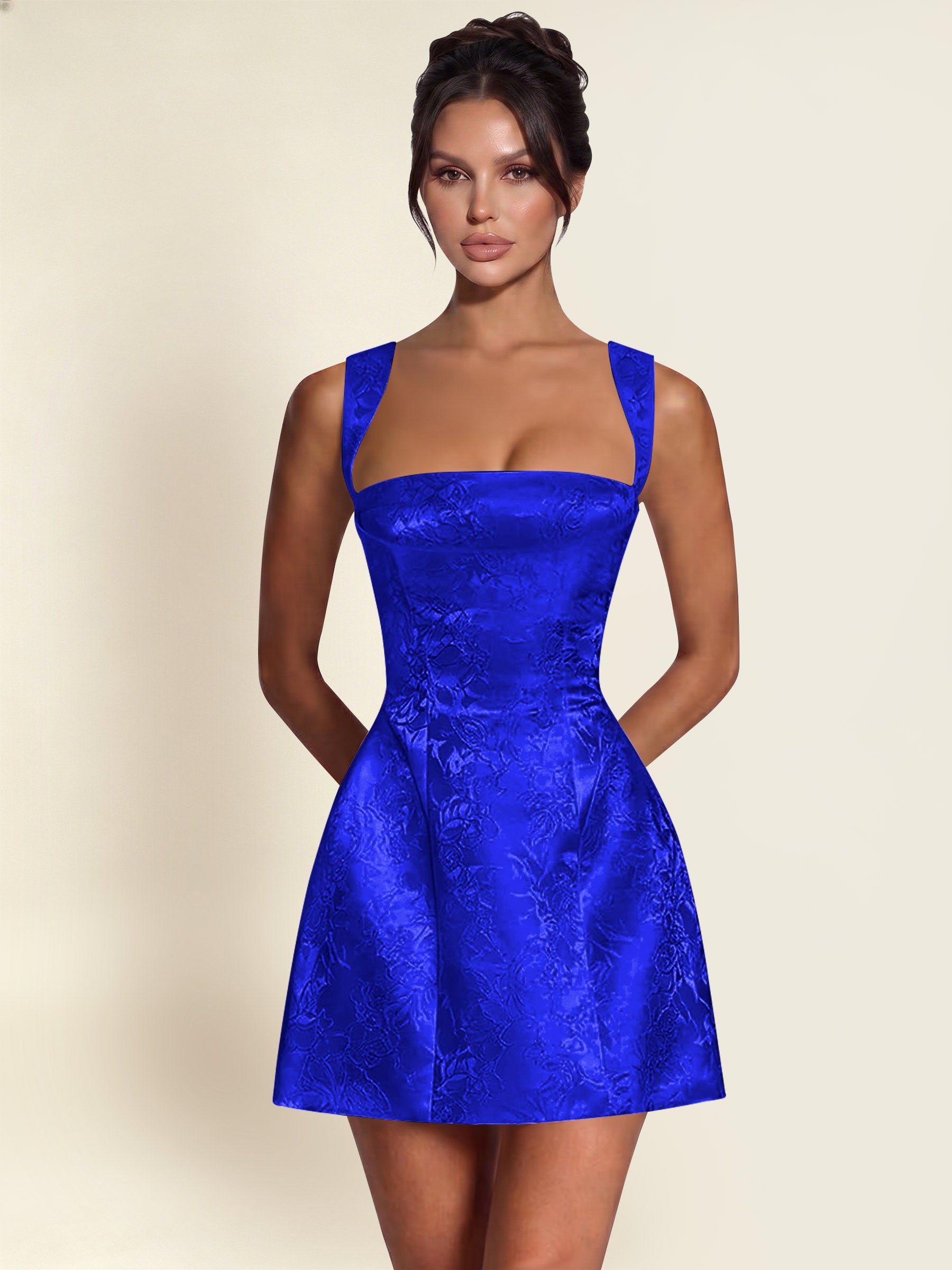 ROVDESY A-Line Square Neck Jacquard Satin Homecoming Mini Dress