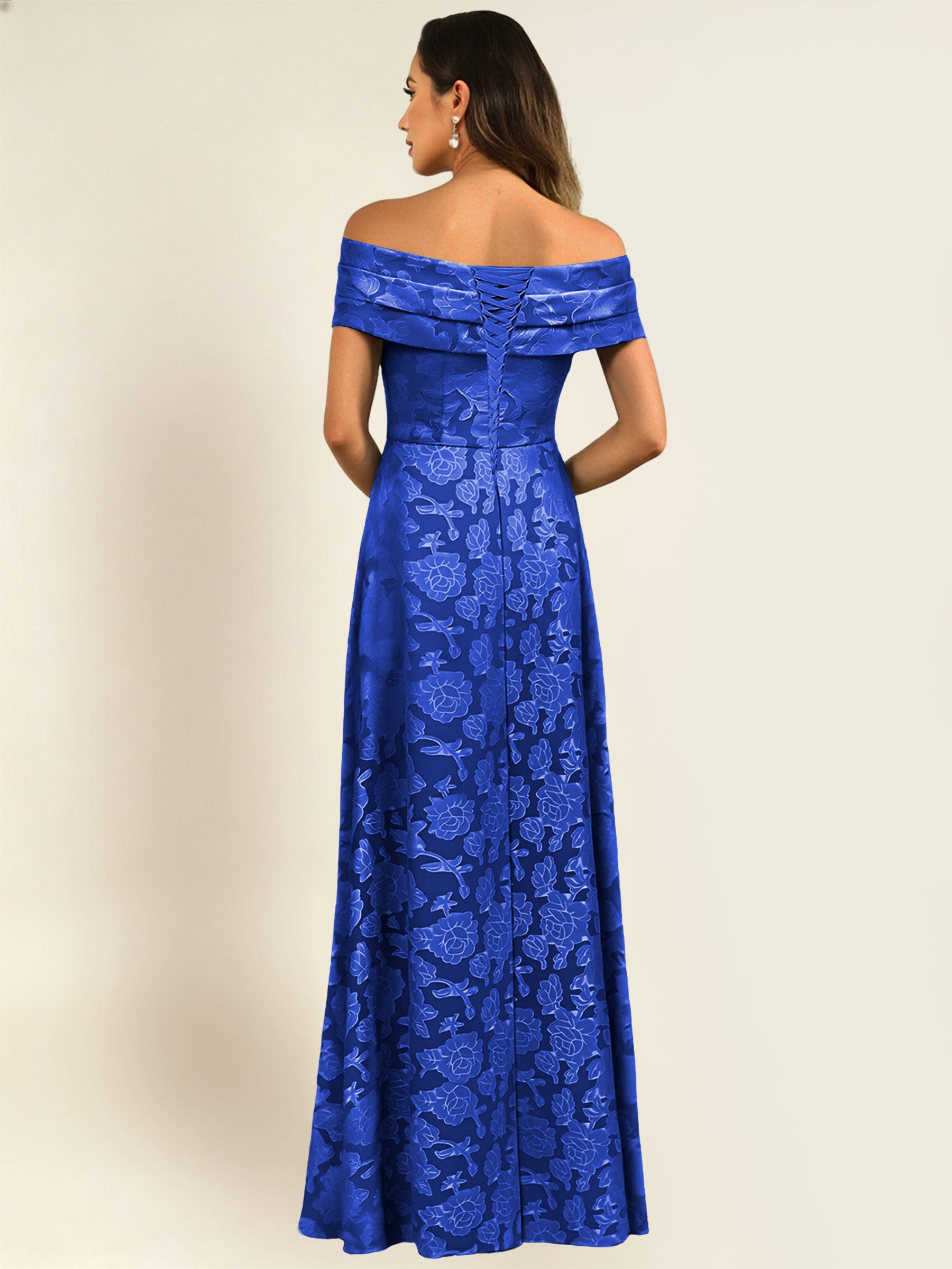 ROVDESY Off the Shoulder Floral Jacquard A-Line Long Mother of the Bride Dress