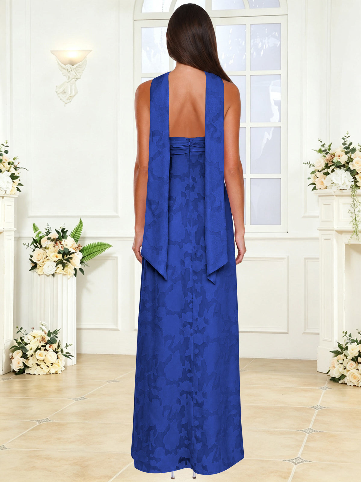 Spaghetti Strap Ruched Floral Jacquard A Line Bridesmaid Dress with Scarf