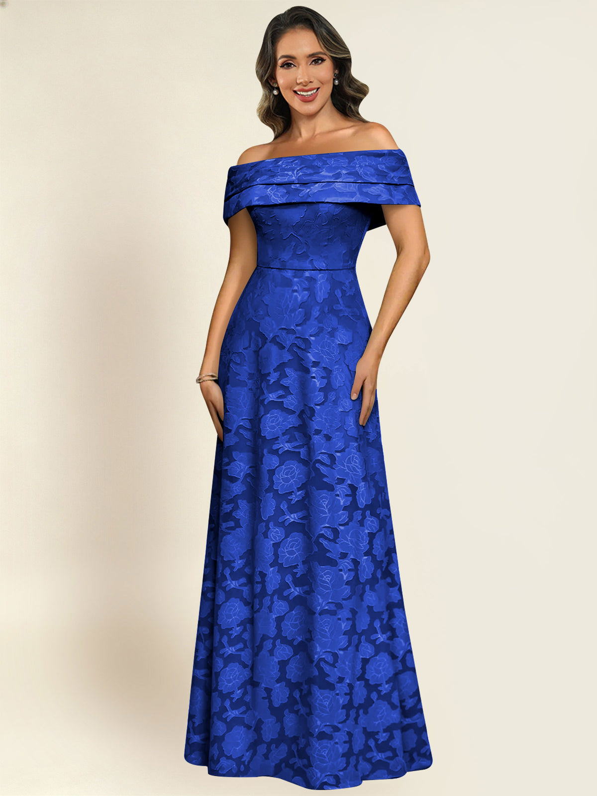ROVDESY Off the Shoulder Floral Jacquard A-Line Long Mother of the Bride Dress