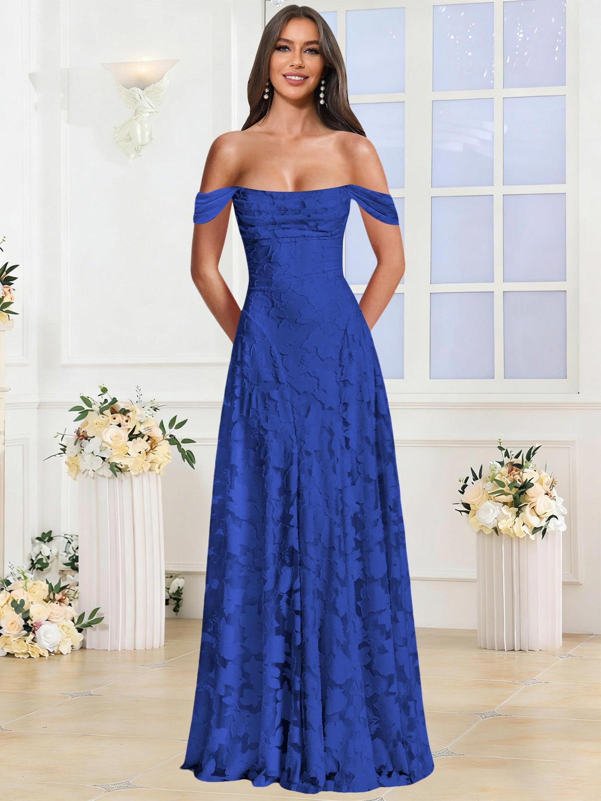 Off the Shoulder Floral Ruched A-line Bridesmaid Dress