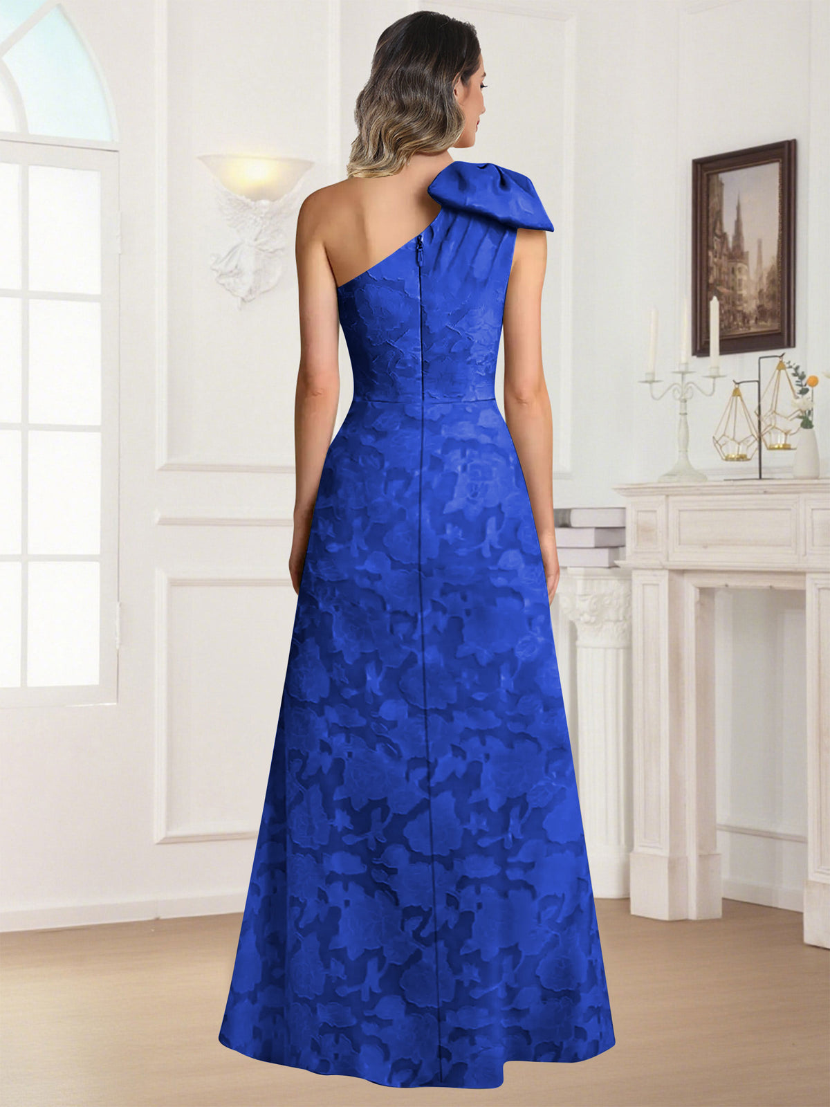 One Shoulder Floral Jacquard Mother of the Bride Dress