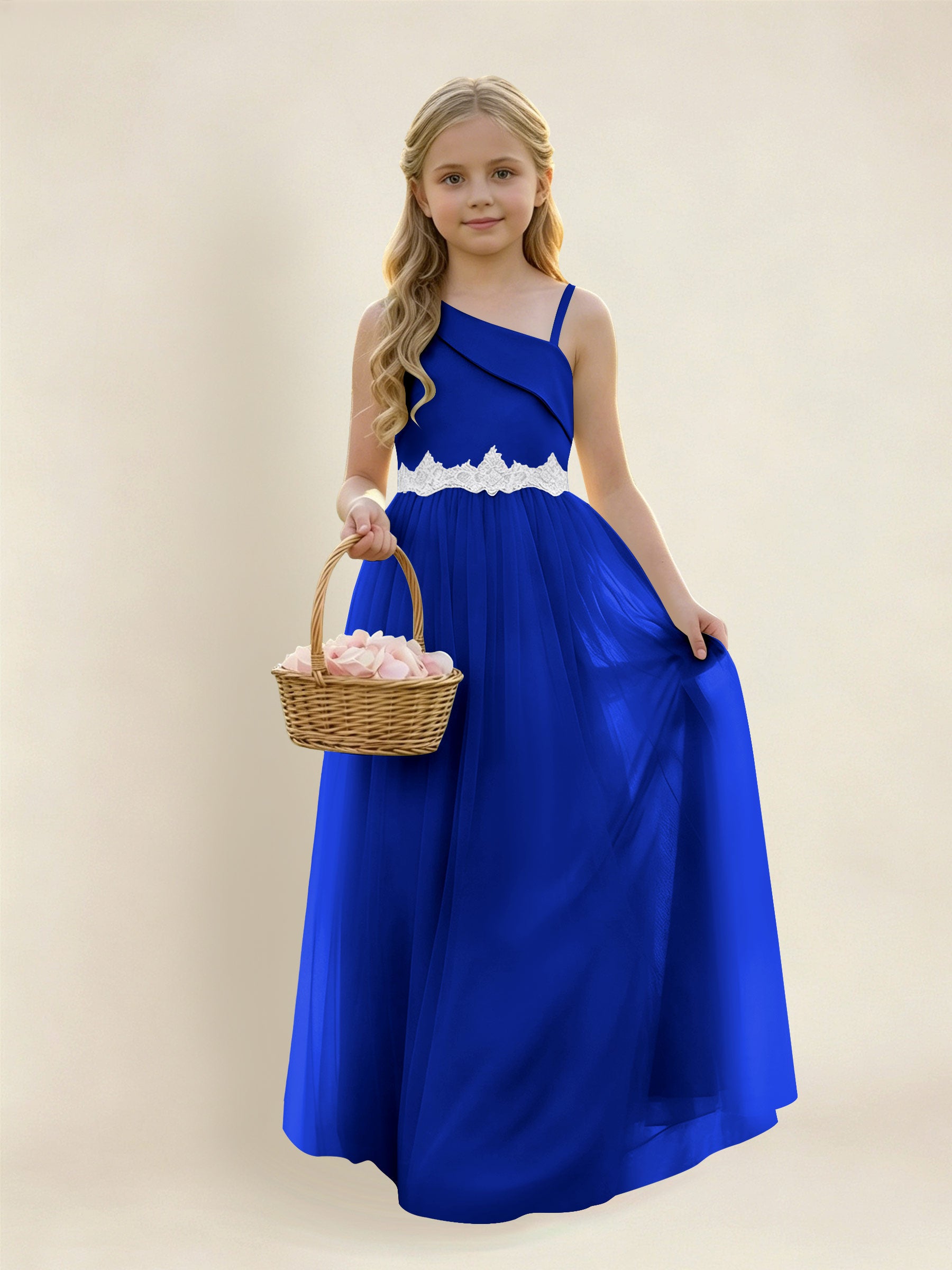 ROVDESY Asymmetric One Shoulder  Satin  Tulle Junior Bridesmaid Dress