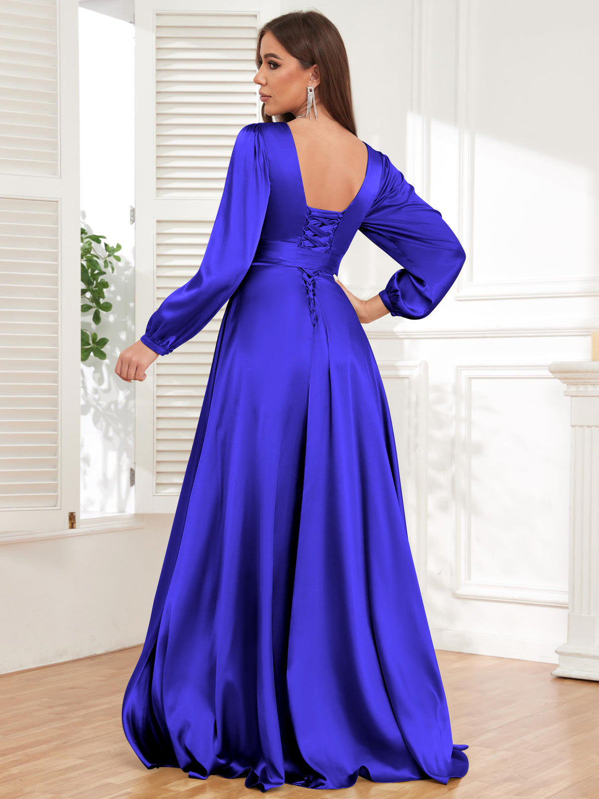 V Neck Satin Long Sleeve Bridesmaid Dress with Slit