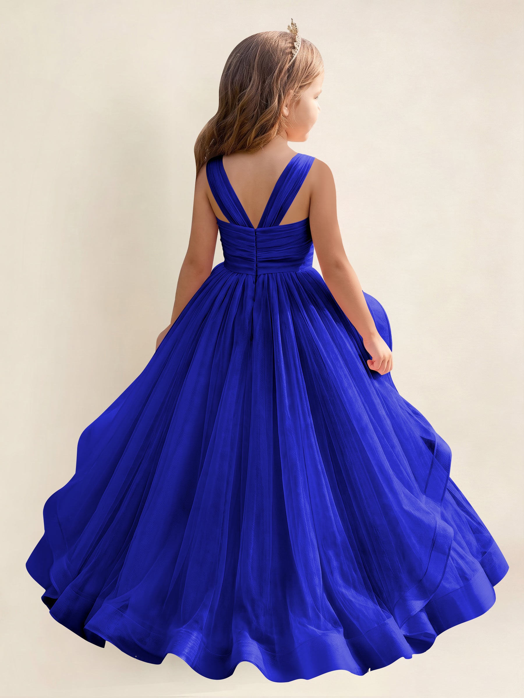 ROVDESY A-Line V-Neck Tulle Flower Girl Dress With Sleeveless Long Ball Gown Dress
