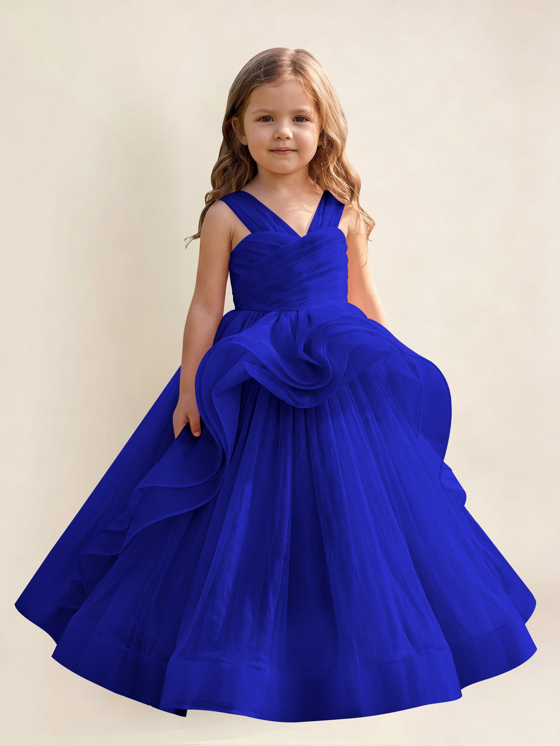 ROVDESY A-Line V-Neck Tulle Flower Girl Dress With Sleeveless Long Ball Gown Dress