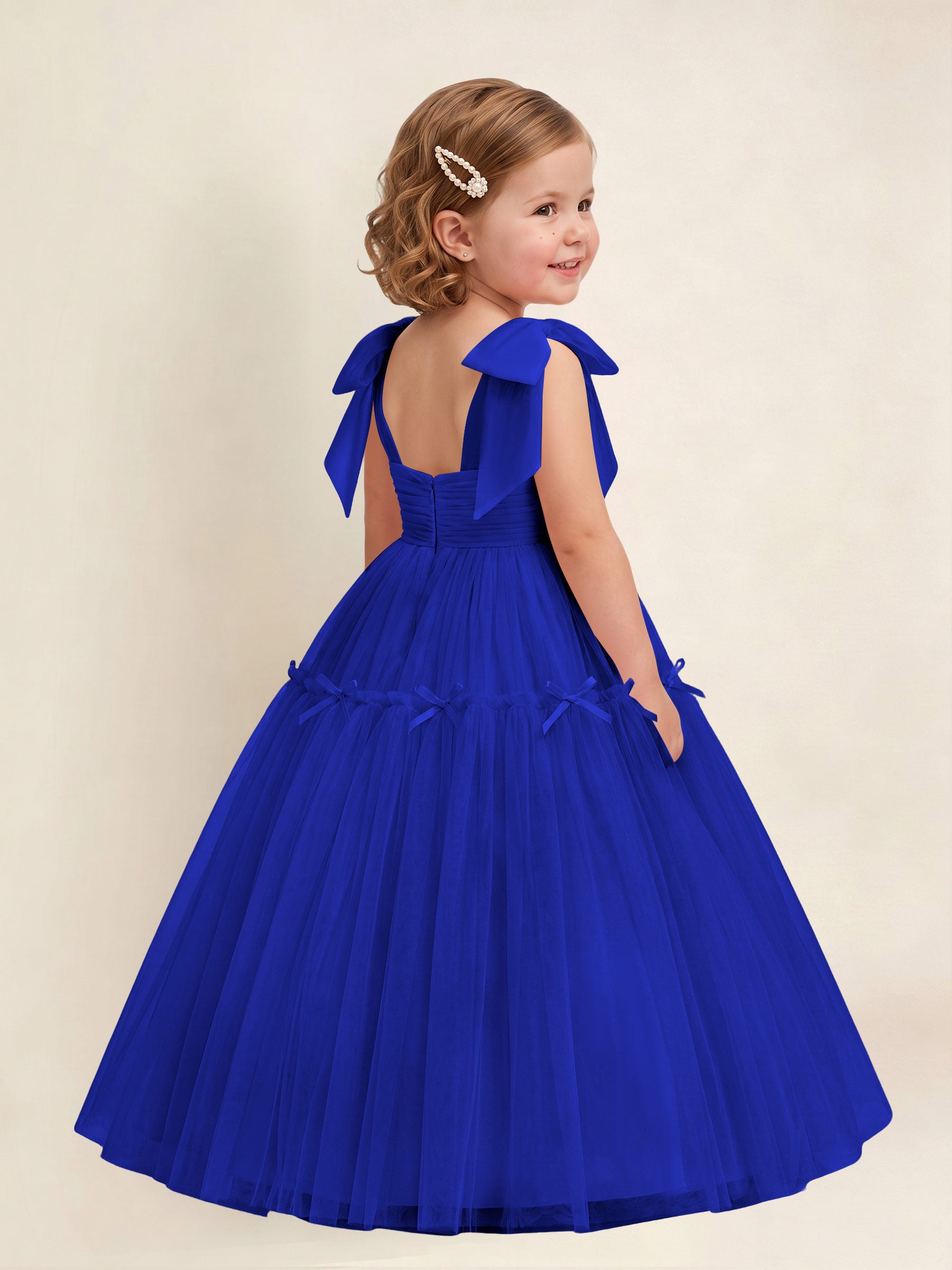 ROVDESY A-Line Tulle Flower Girl Dress With Bow Long Ball Gown Dress