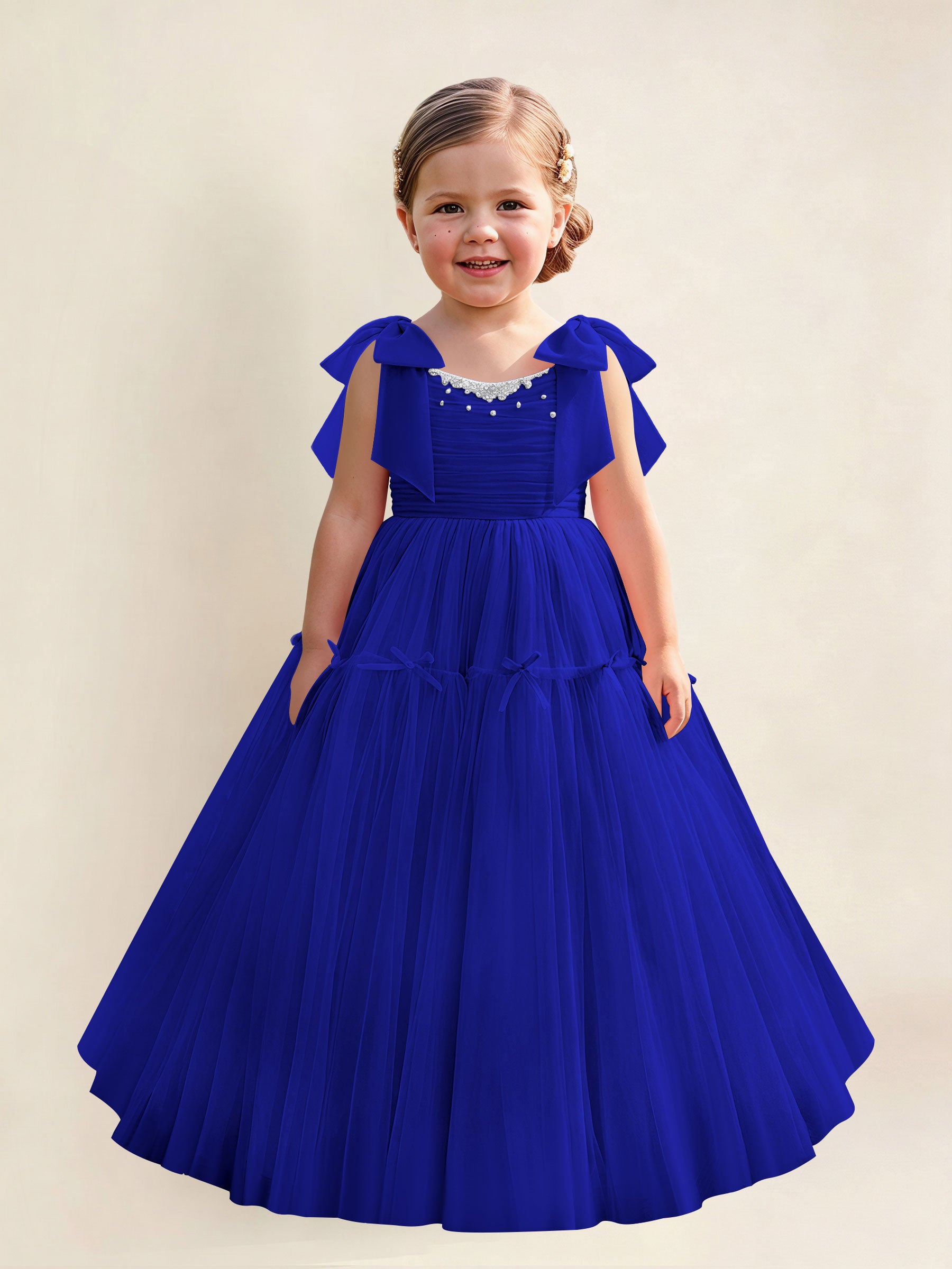 ROVDESY A-Line Tulle Flower Girl Dress With Bow Long Ball Gown Dress