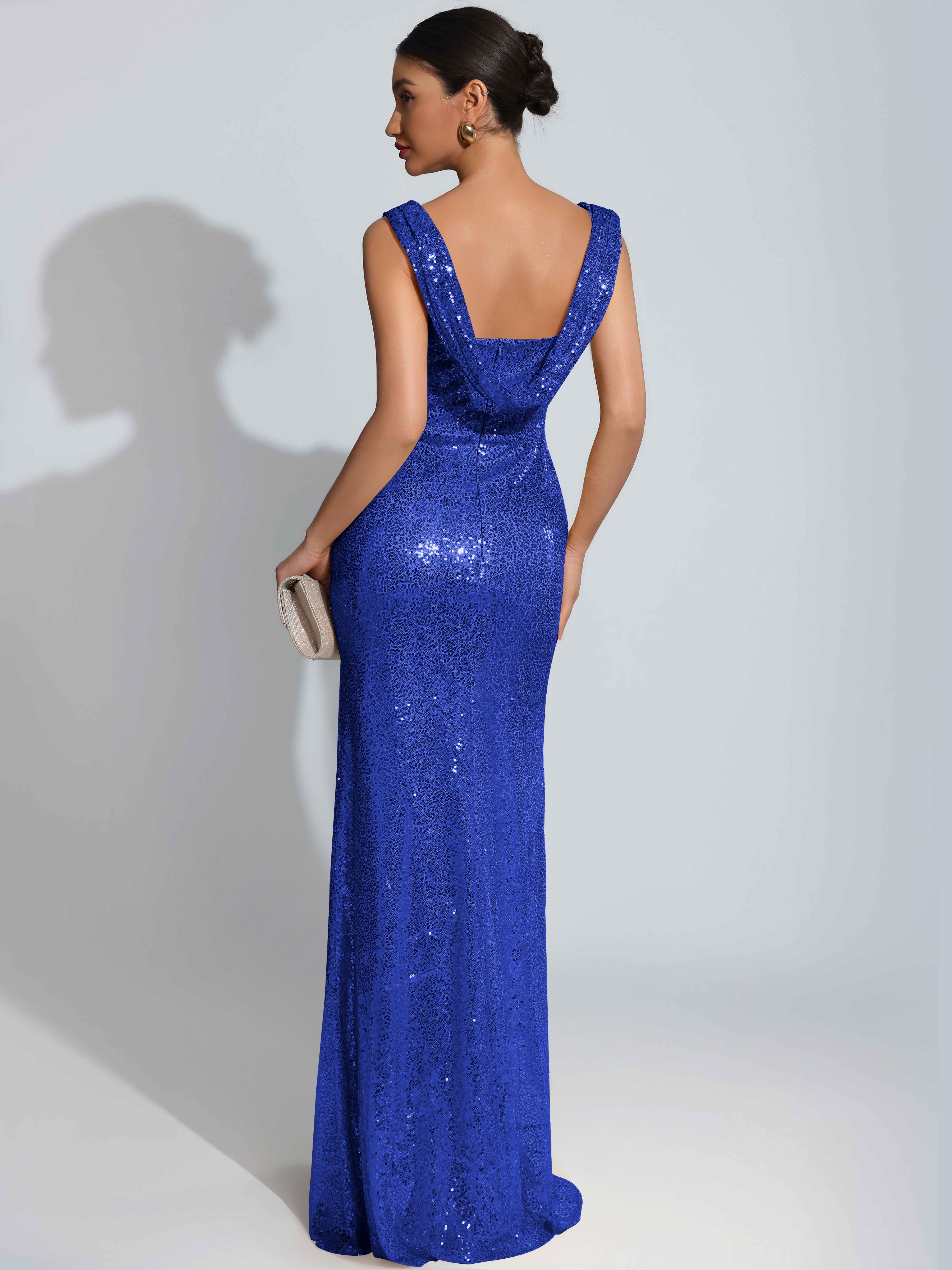 ROVDESY Sparkly Bateau Mermaid Ruched Sequin Long Prom Dress with Slit