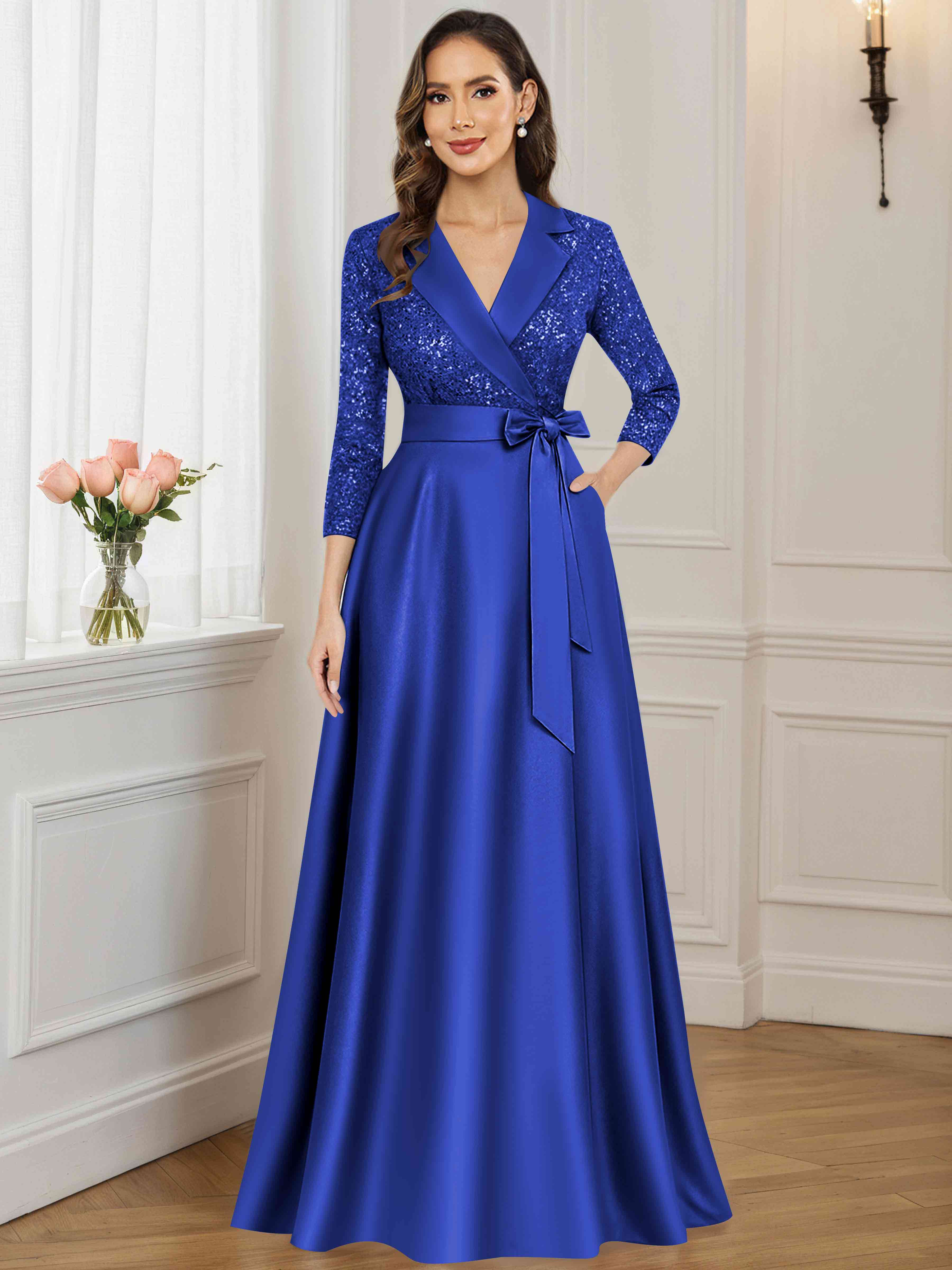 ROVDESY A-Line V Neck Sequin Satin  Long Mother of The Bride Dress Formal Gown With 3/4 Sleeves
