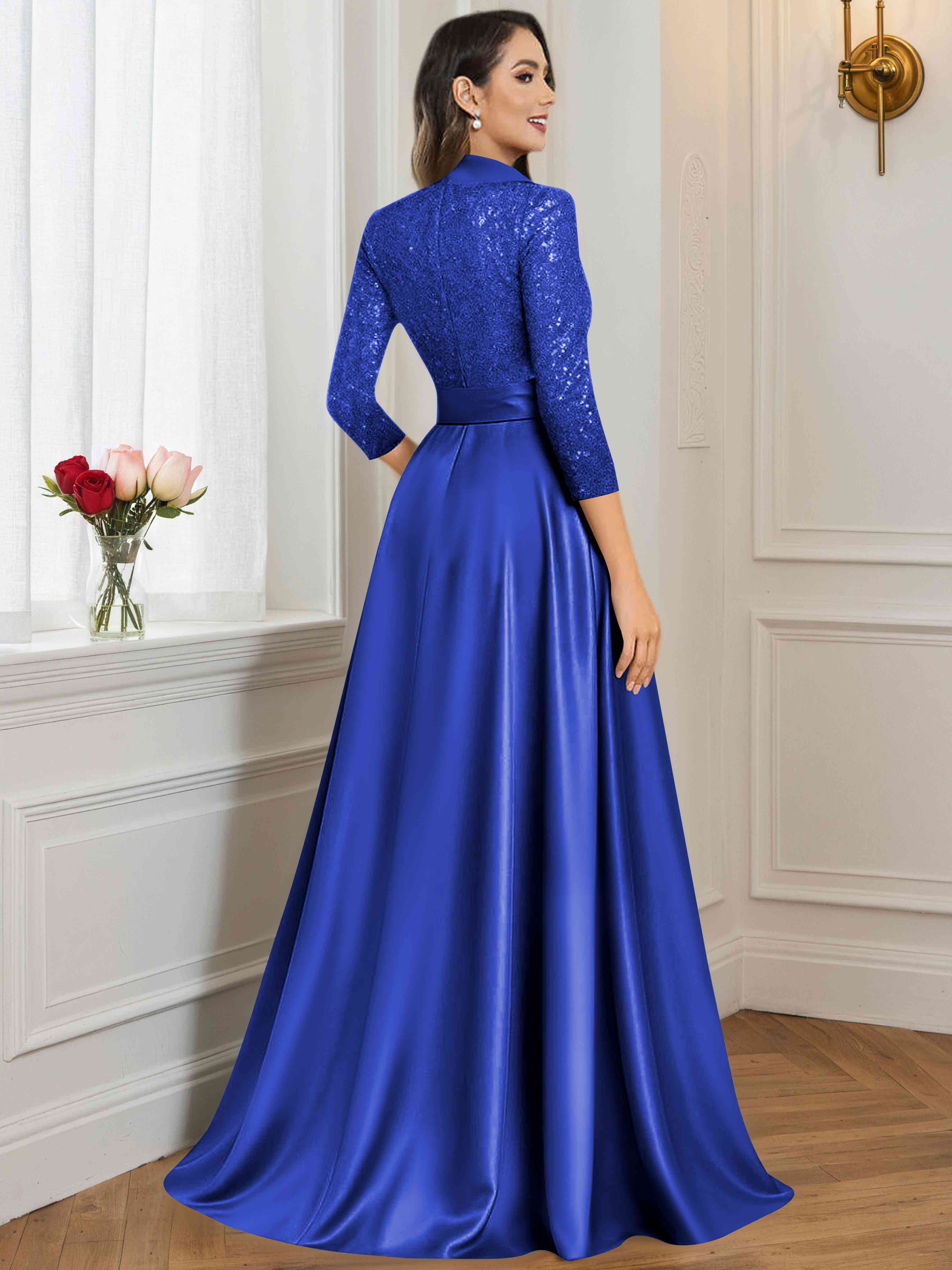 ROVDESY A-Line V Neck Sequin Satin  Long Mother of The Bride Dress Formal Gown With 3/4 Sleeves