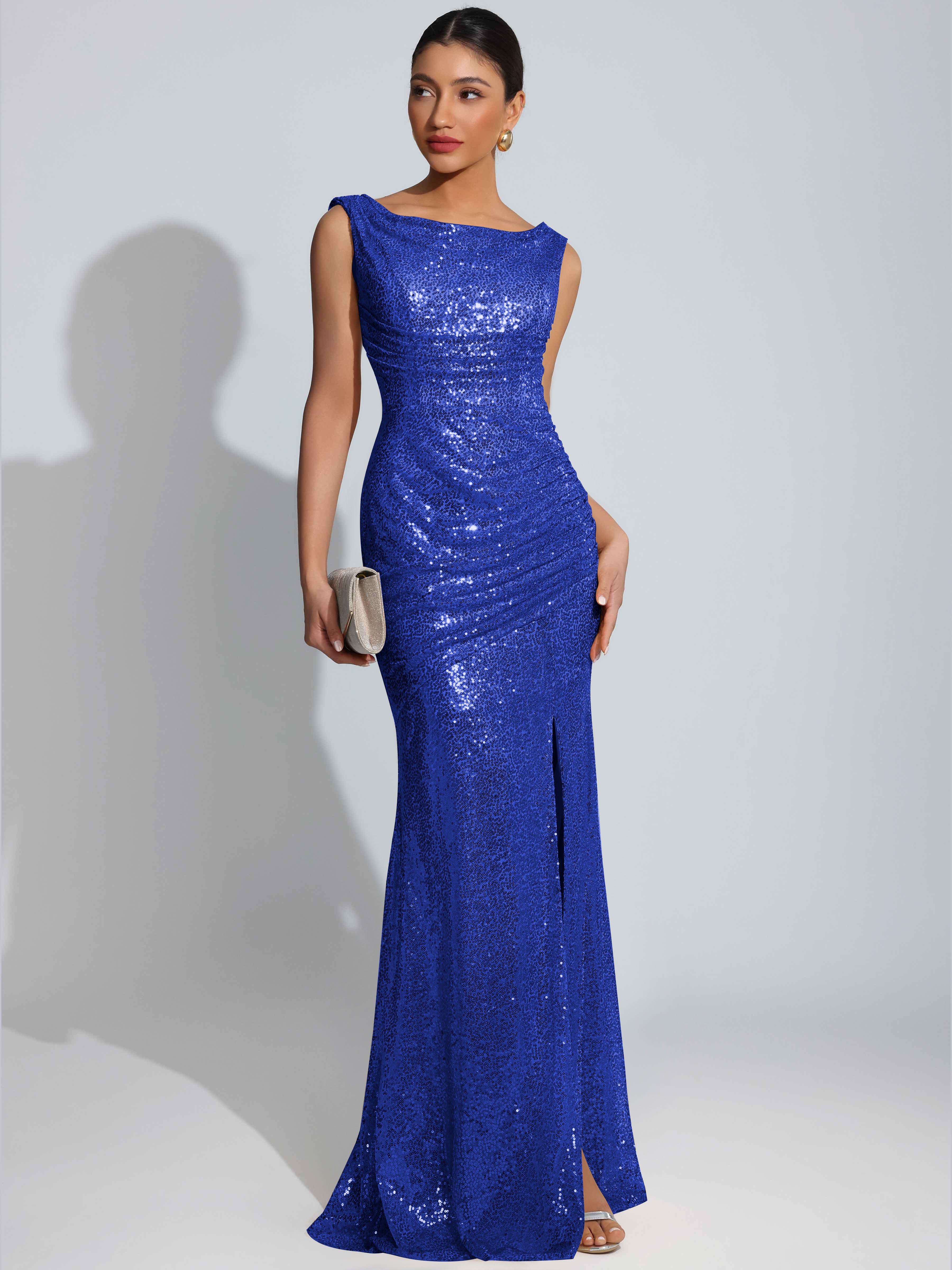 ROVDESY Sparkly Bateau Mermaid Ruched Sequin Long Prom Dress with Slit