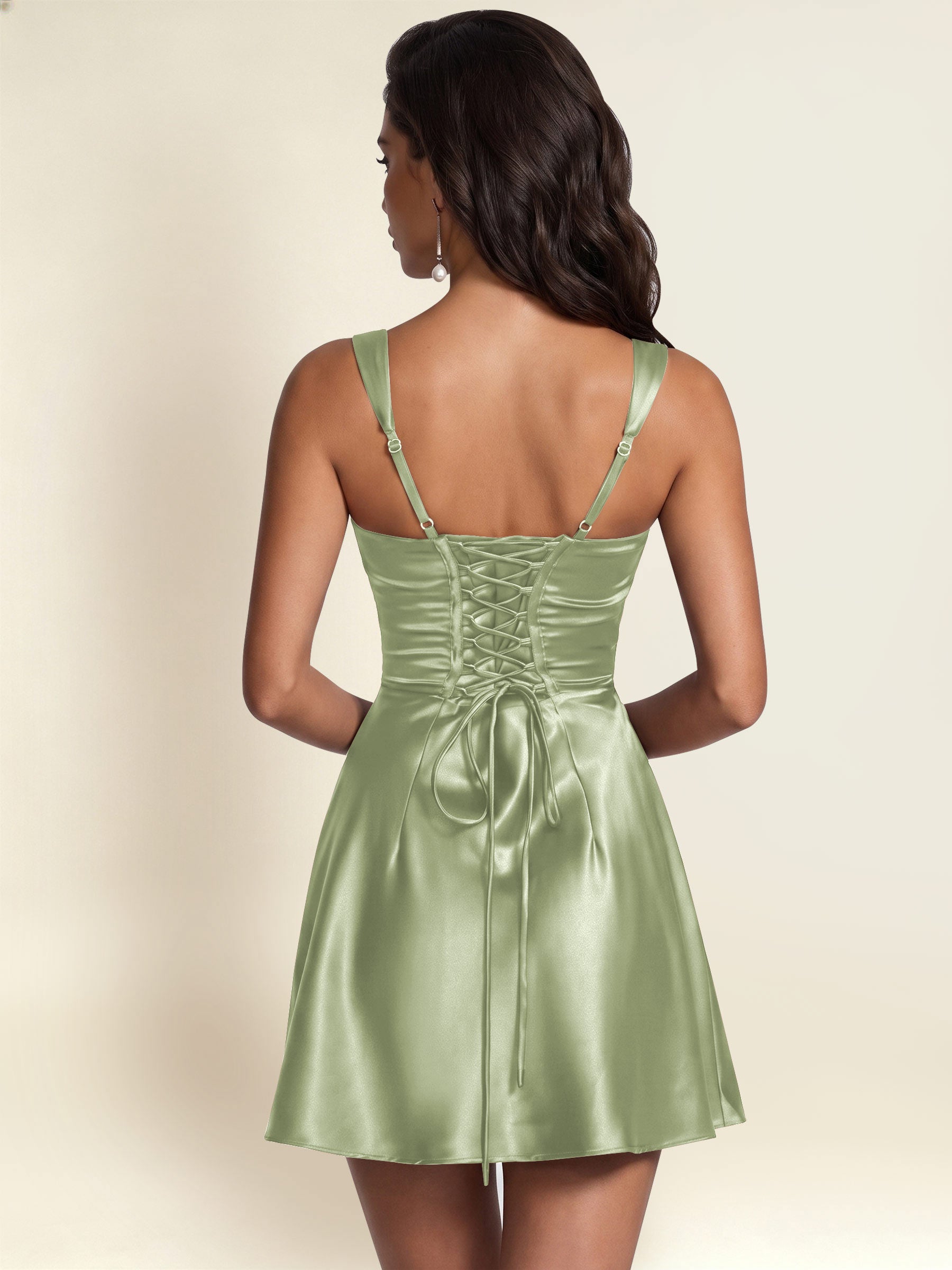 ROVDESY Square Neck Pleated Satin Homecoming Mini Dress