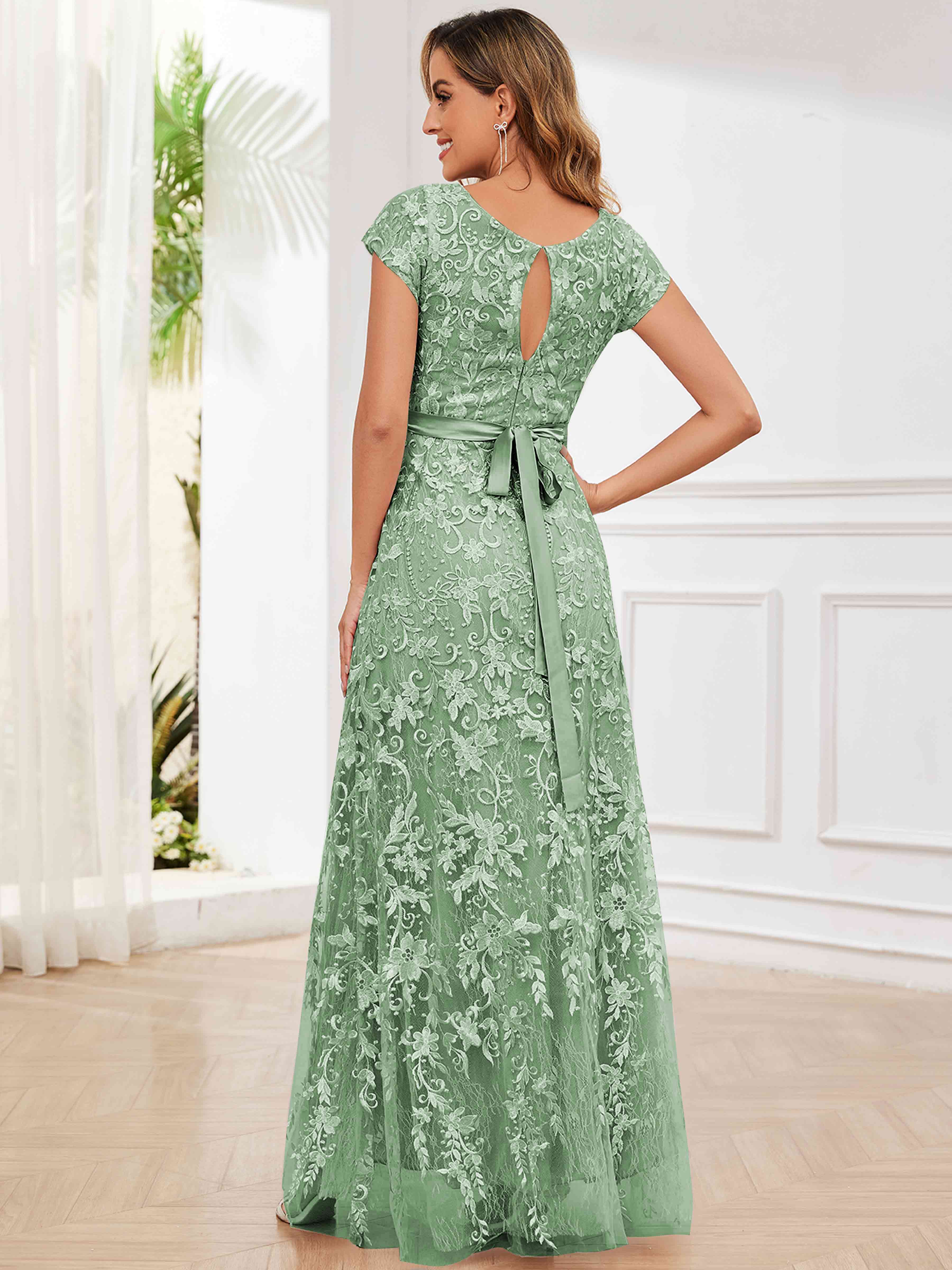 ROVDESY Elegant Lace Mother Of The Bride Dress With Short Sleeves Formal Gown