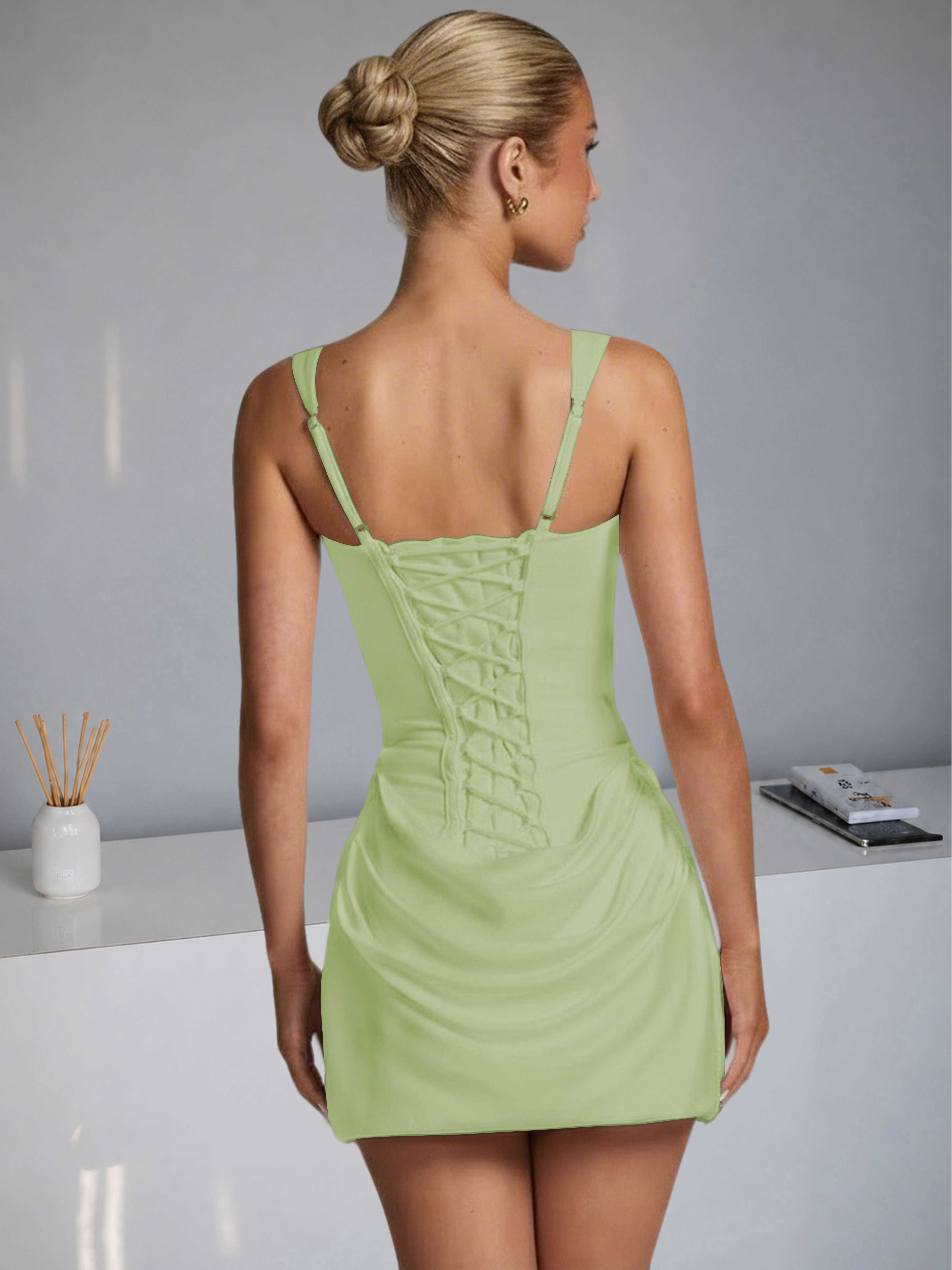 ROVDESY Square Neck Ruched Satin Homecoming Mini Dress