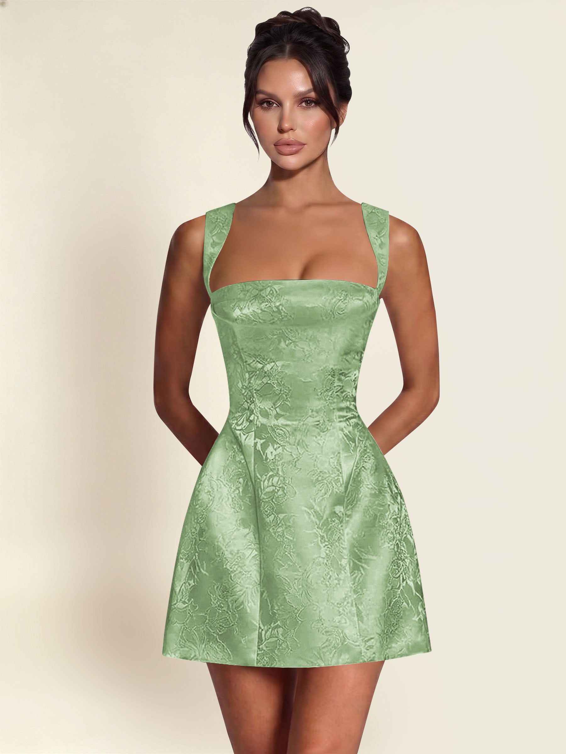 ROVDESY A-Line Square Neck Jacquard Satin Homecoming Mini Dress