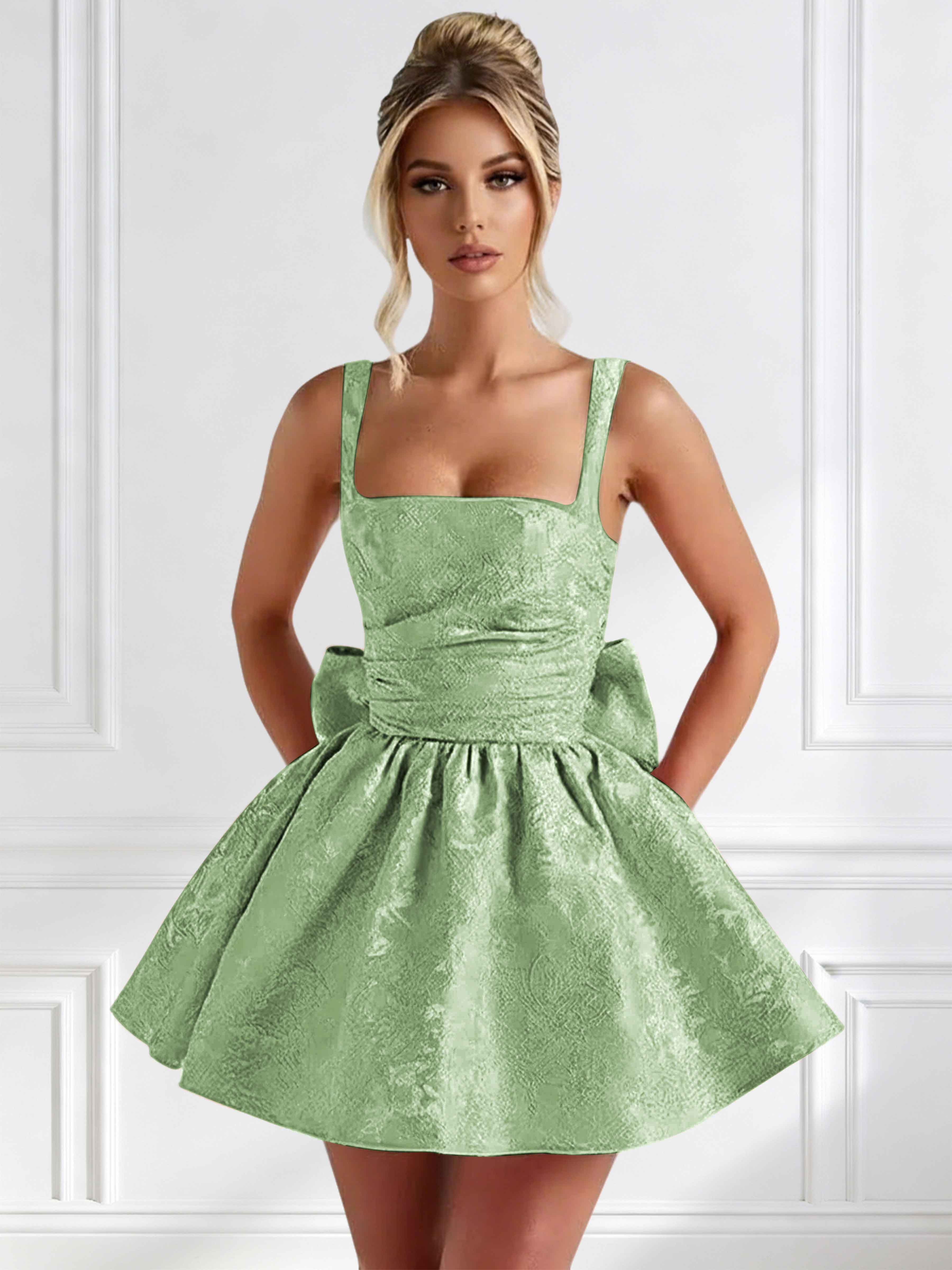 ROVDESY A-Line Square Neck Jacquard Satin Homecoming Mini Dress With Big Bow