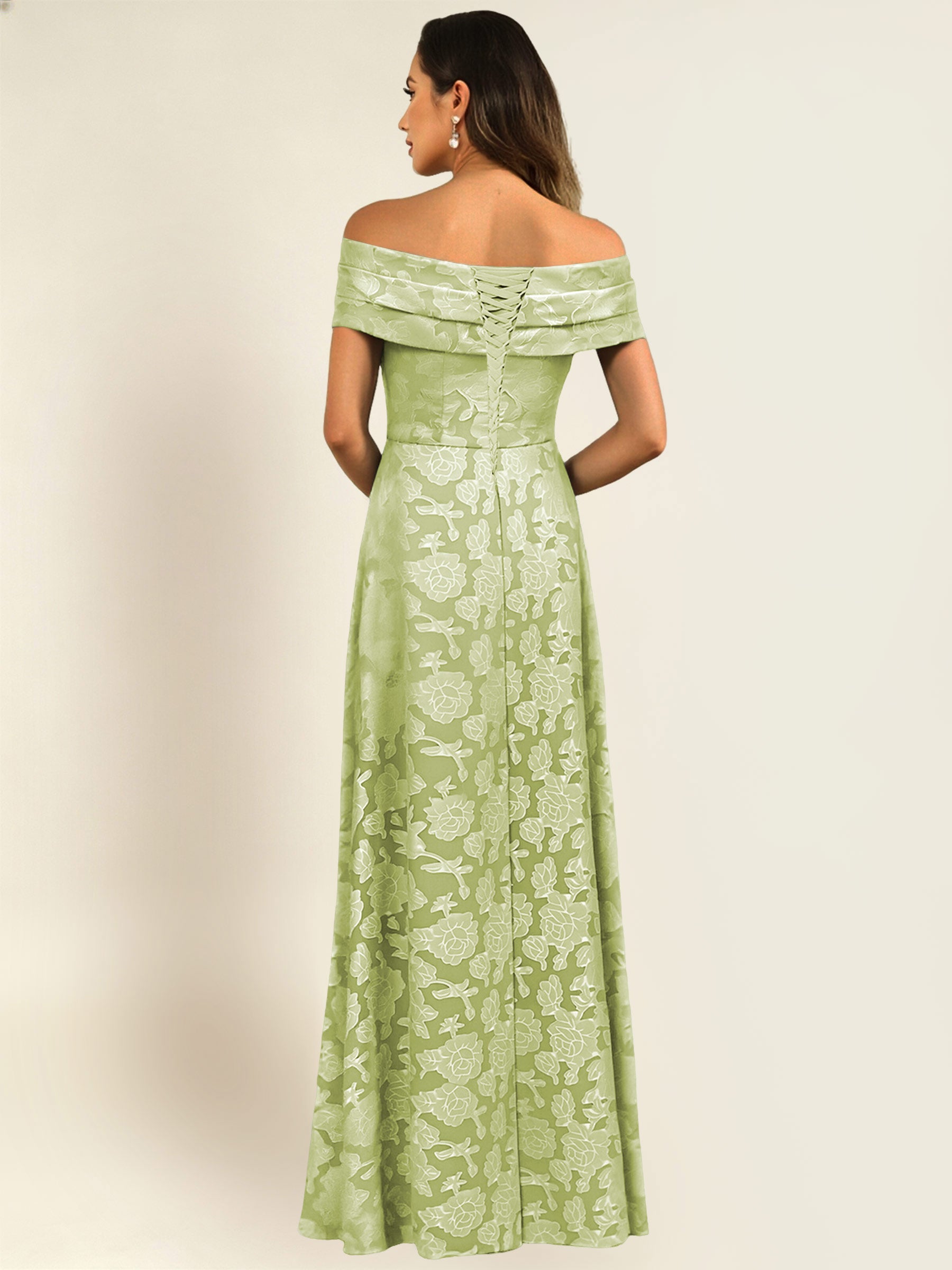 ROVDESY Off the Shoulder Floral Jacquard A-Line Long Mother of the Bride Dress