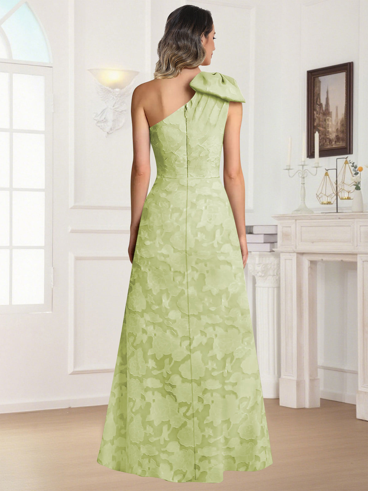 One Shoulder Floral Jacquard Mother of the Bride Dress