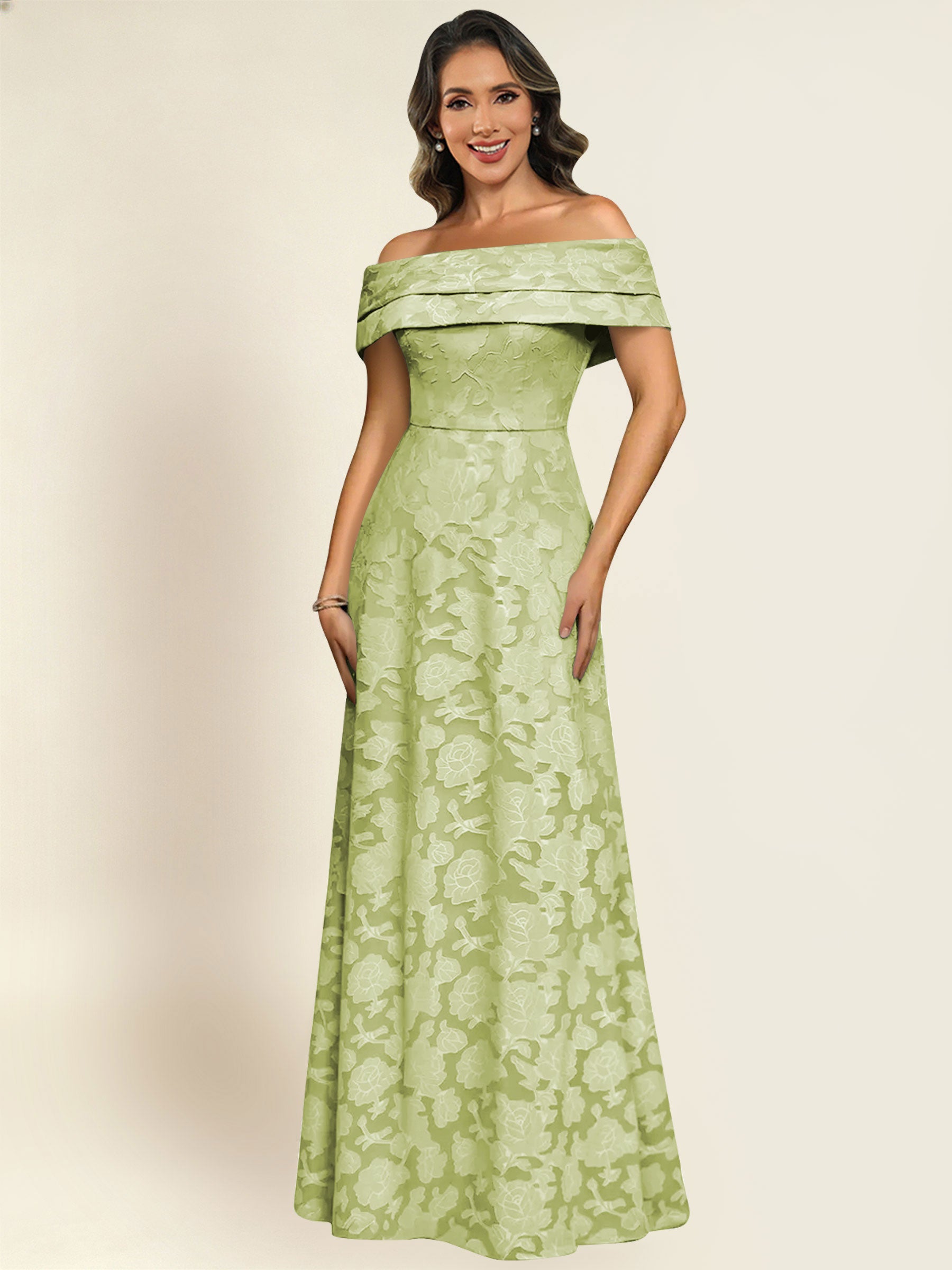 ROVDESY Off the Shoulder Floral Jacquard A-Line Long Mother of the Bride Dress