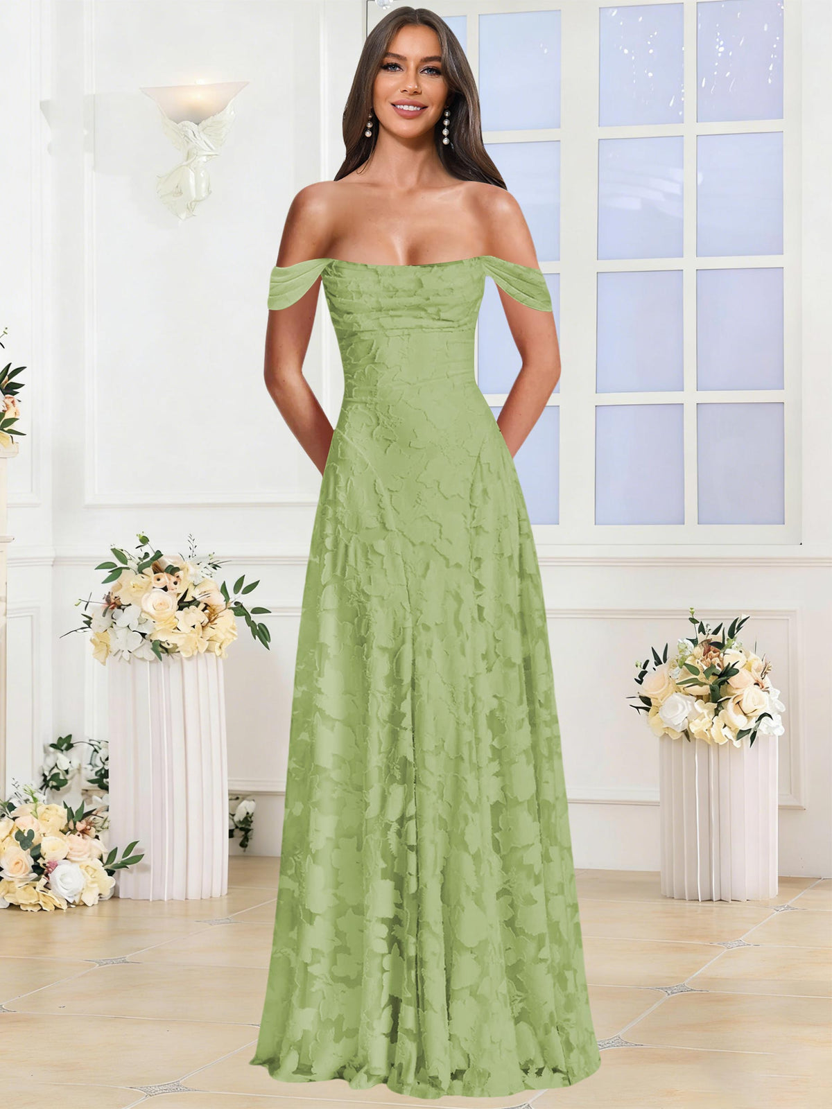 Off the Shoulder Floral Ruched A-line Bridesmaid Dress