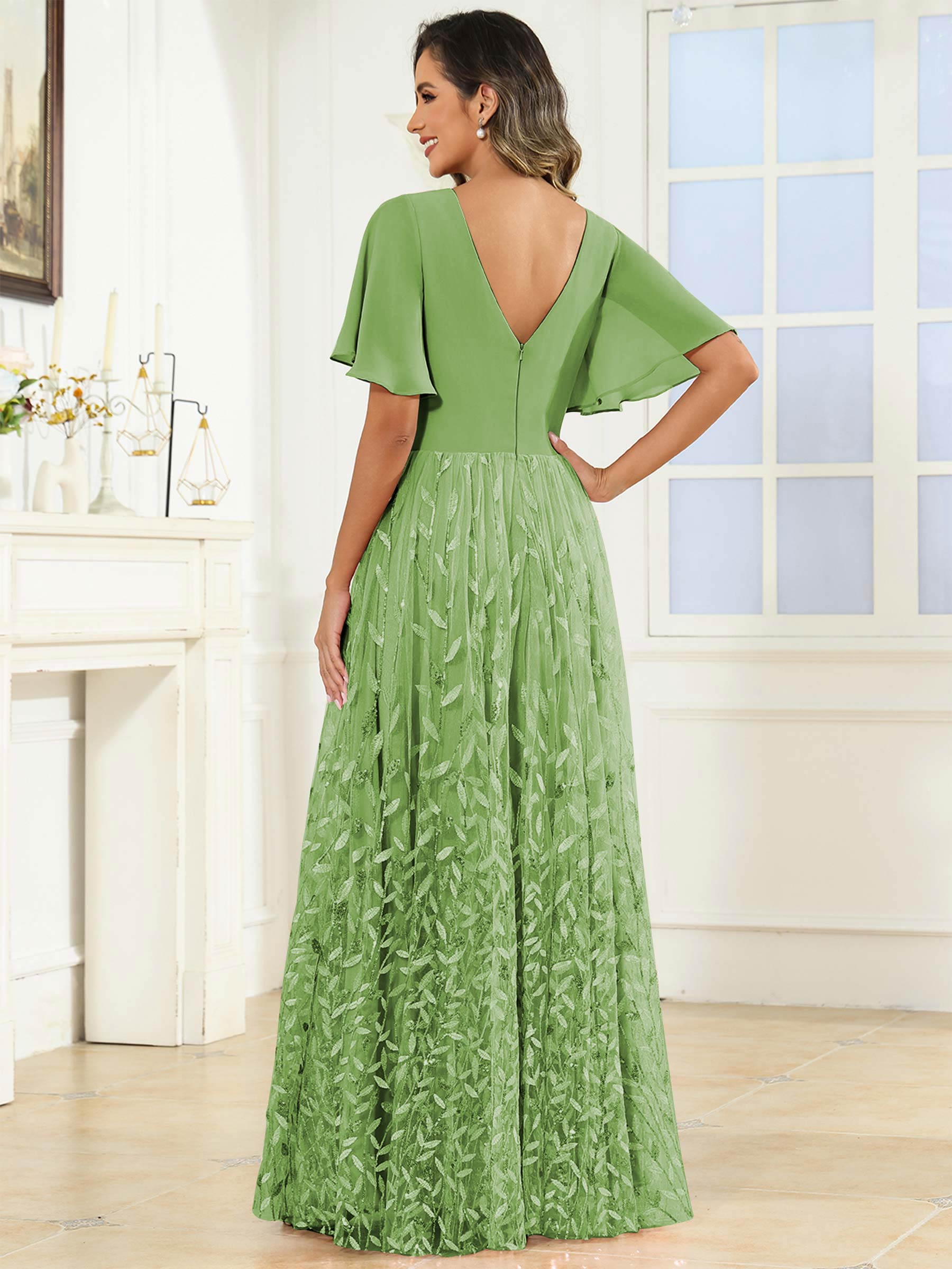 ROVDESY A-Line V-Neck Chiffon Sequin Mother Of The Bride Dress With Short Sleeves