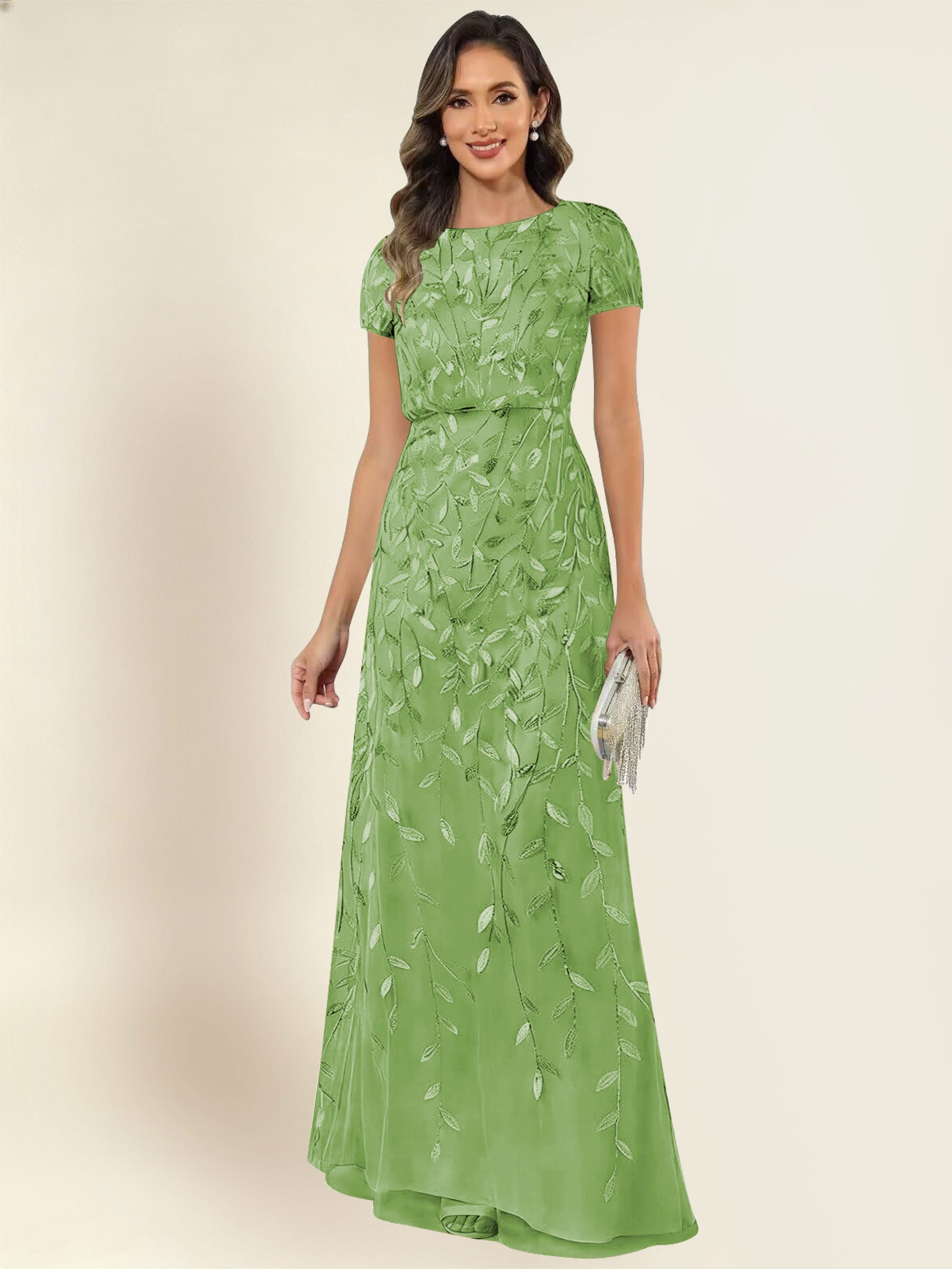 ROVDESY Sequin Mermaid Long Mother Of The Bride Dress With Short Sleeves Formal Gown