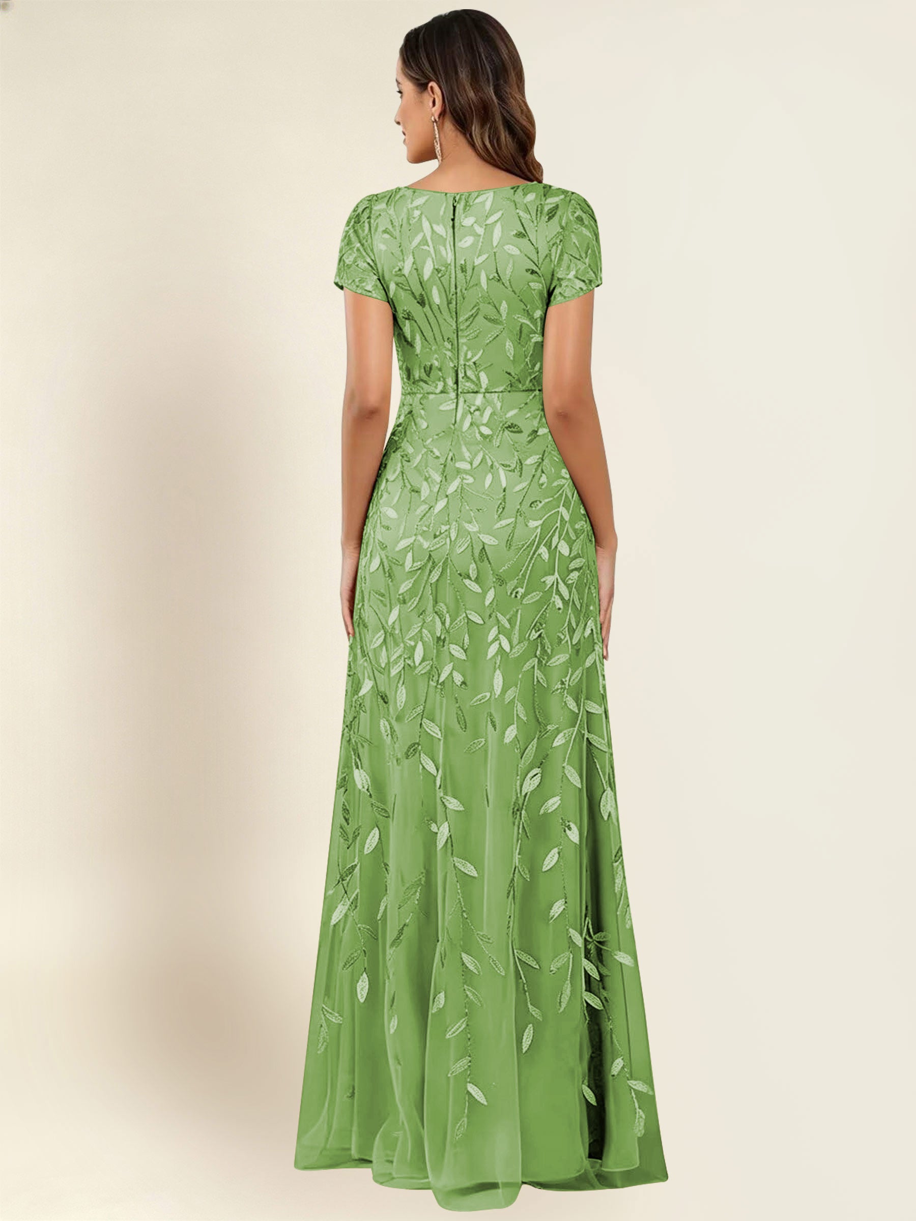 ROVDESY Sequin Mermaid Long Mother Of The Bride Dress With Short Sleeves Formal Gown