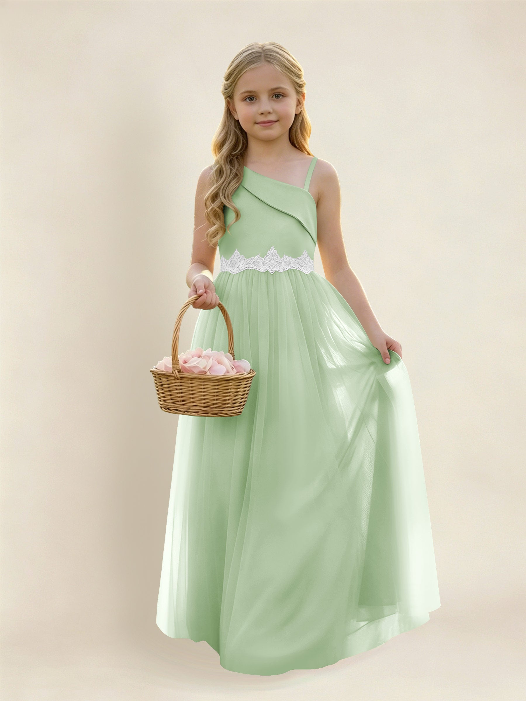 ROVDESY Asymmetric One Shoulder  Satin  Tulle Junior Bridesmaid Dress