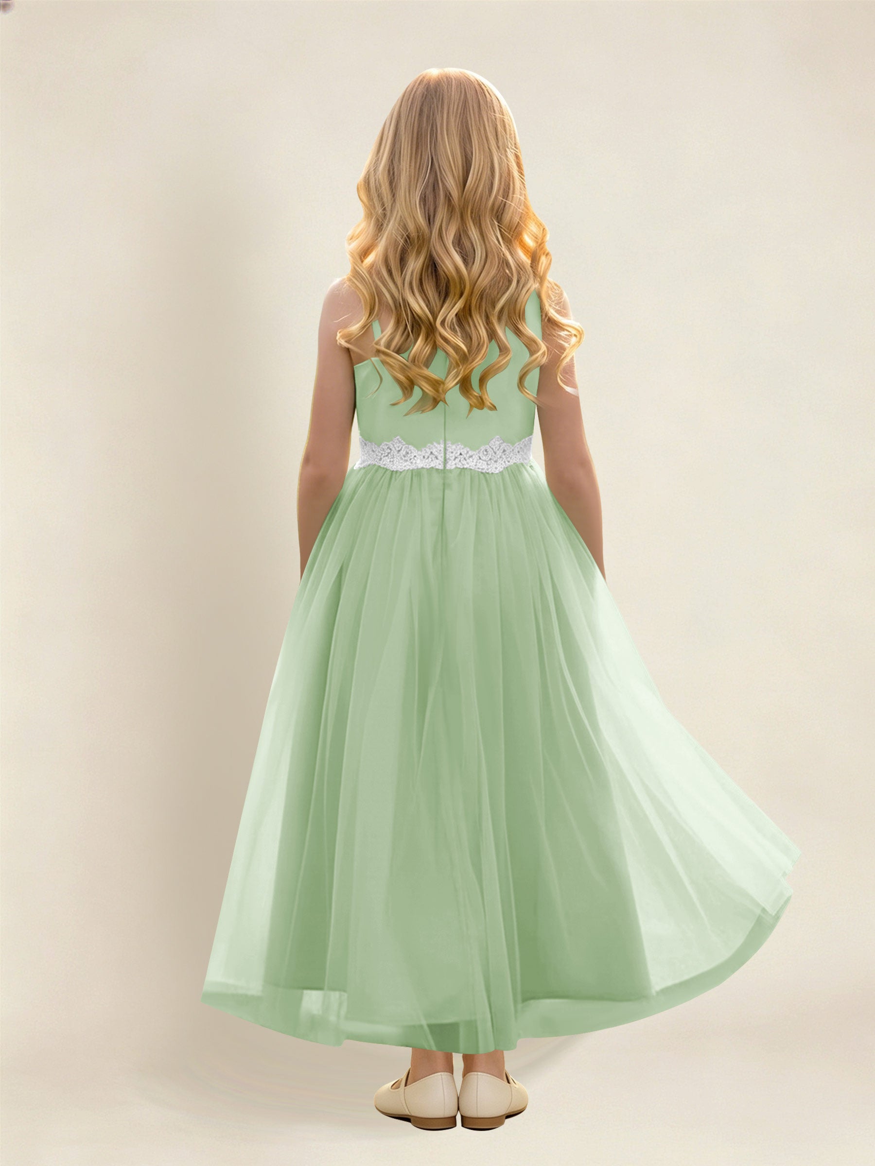 ROVDESY Asymmetric One Shoulder  Satin  Tulle Junior Bridesmaid Dress