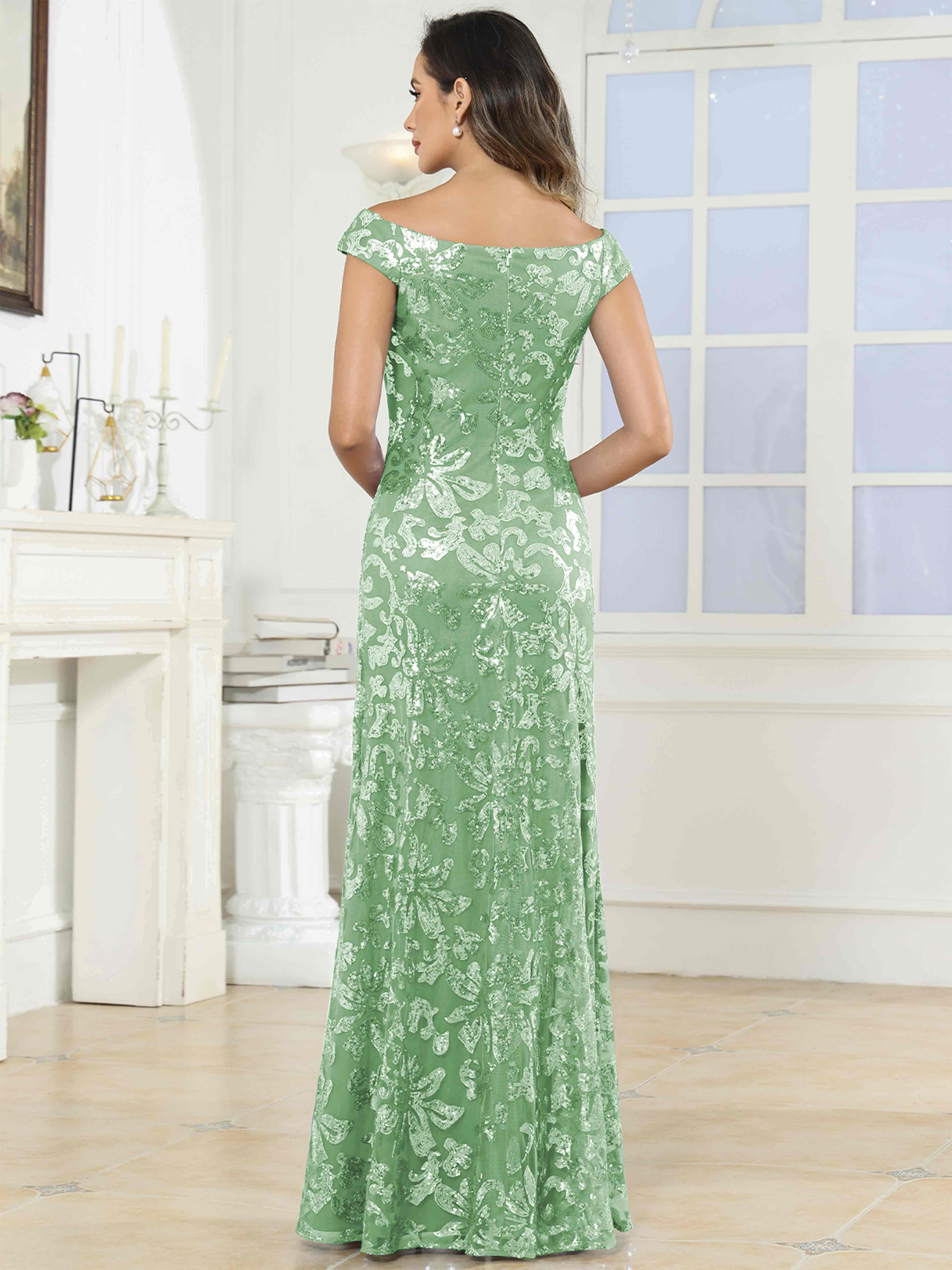 ROVDESY Off-The-Shoulder Mermaid Sequin Mother Of The Bride Dress Formal Gown